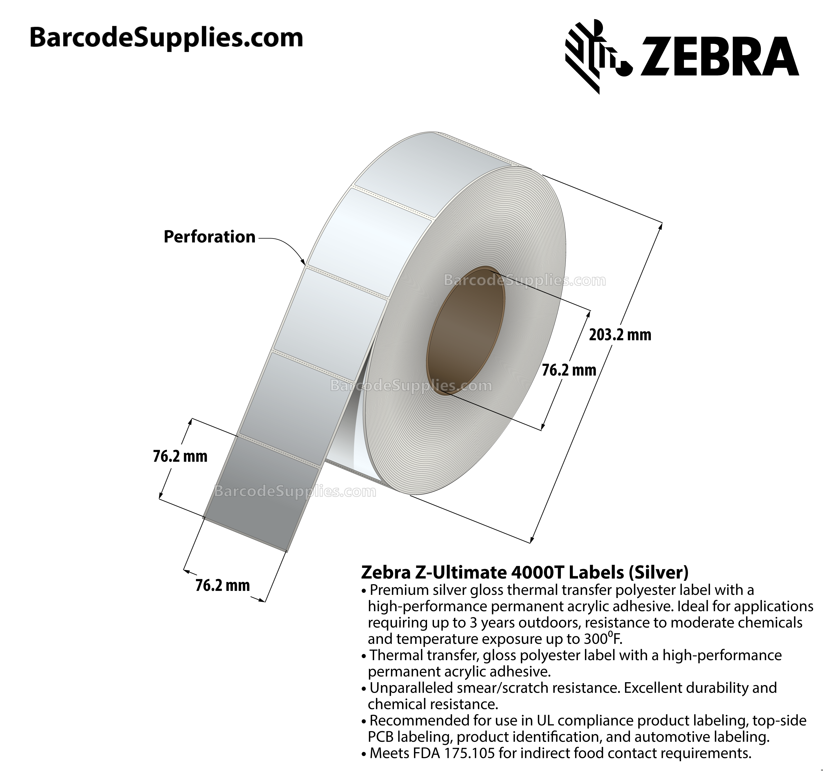 3 x 3 Thermal Transfer Silver Z-Ultimate 4000T Silver Labels With Permanent Adhesive - Perforated - 1000 Labels Per Roll - Carton Of 1 Rolls - 1000 Labels Total - MPN: 10023159