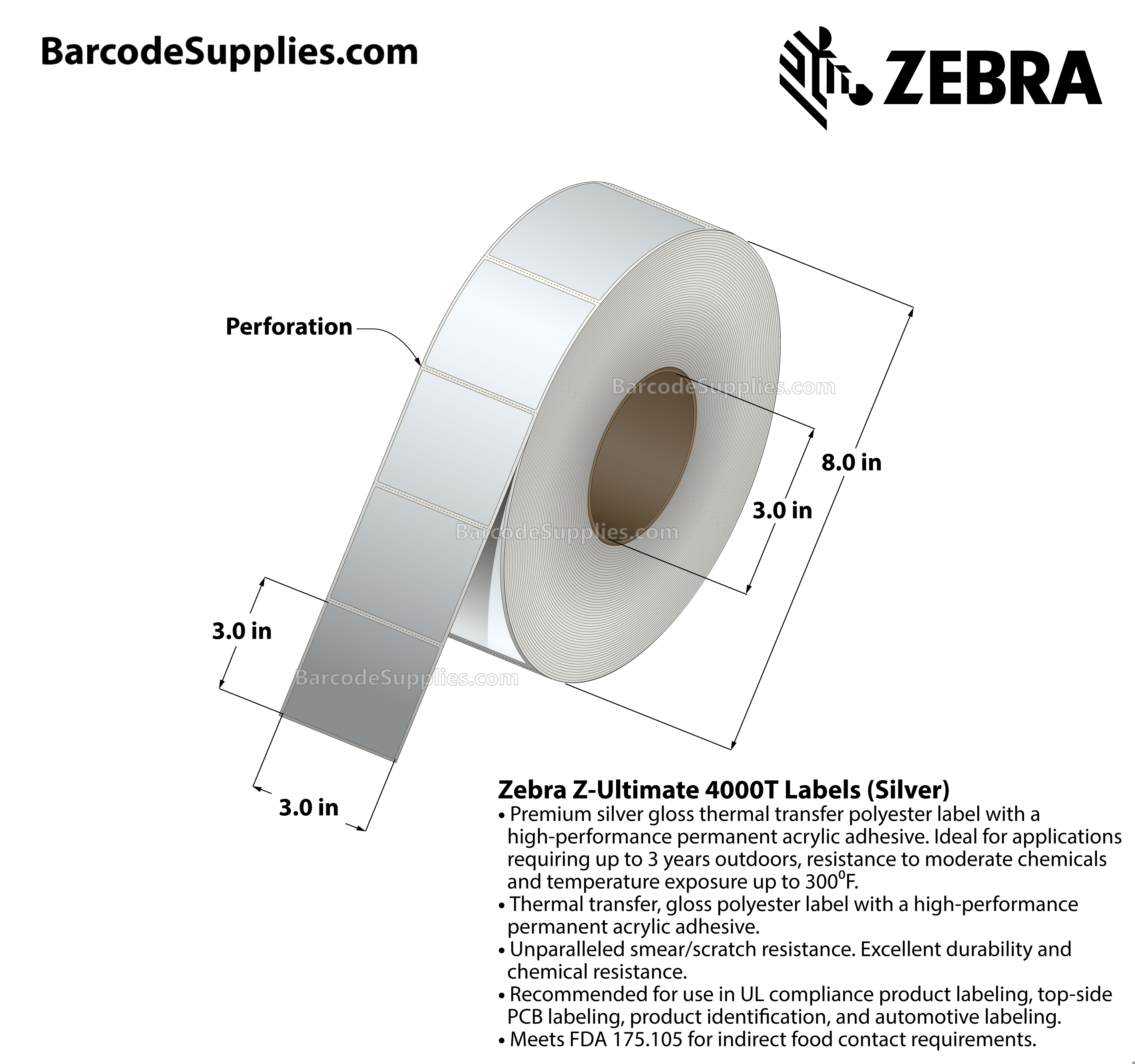 3 x 3 Thermal Transfer Silver Z-Ultimate 4000T Silver Labels With Permanent Adhesive - Perforated - 1000 Labels Per Roll - Carton Of 1 Rolls - 1000 Labels Total - MPN: 10023159