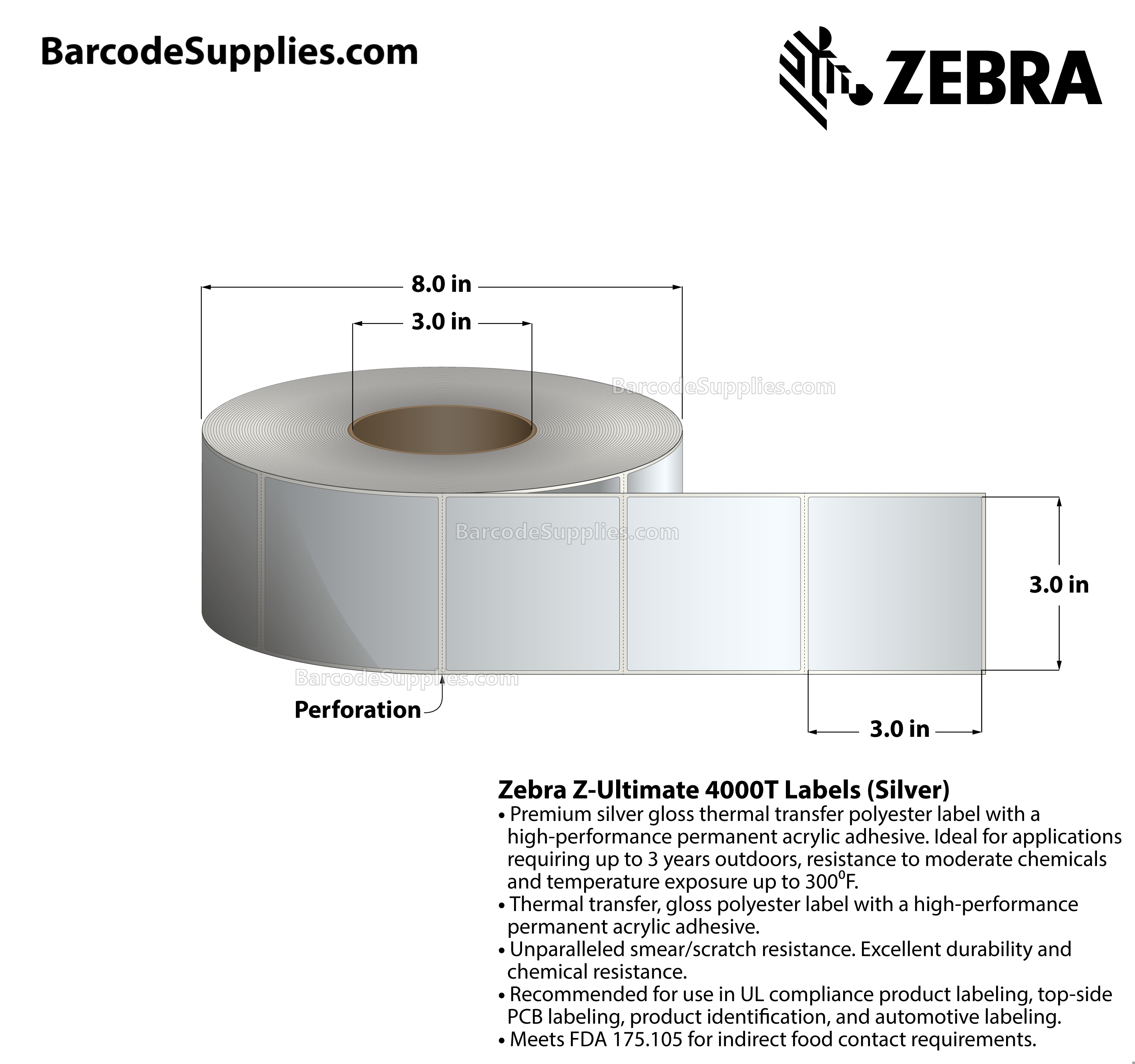 3 x 3 Thermal Transfer Silver Z-Ultimate 4000T Silver Labels With Permanent Adhesive - Perforated - 1000 Labels Per Roll - Carton Of 1 Rolls - 1000 Labels Total - MPN: 10023159