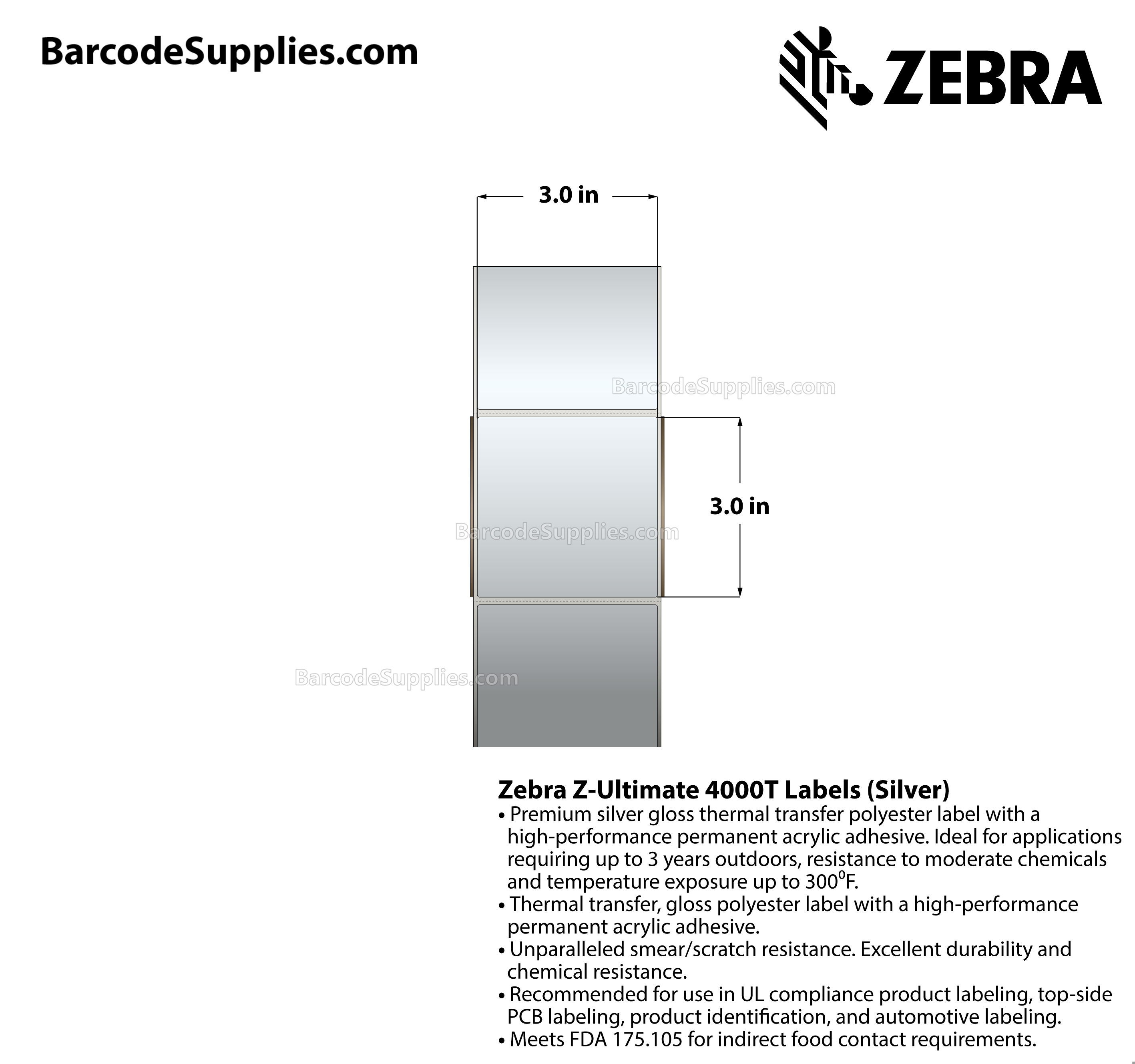 3 x 3 Thermal Transfer Silver Z-Ultimate 4000T Silver Labels With Permanent Adhesive - Perforated - 1000 Labels Per Roll - Carton Of 1 Rolls - 1000 Labels Total - MPN: 10023159