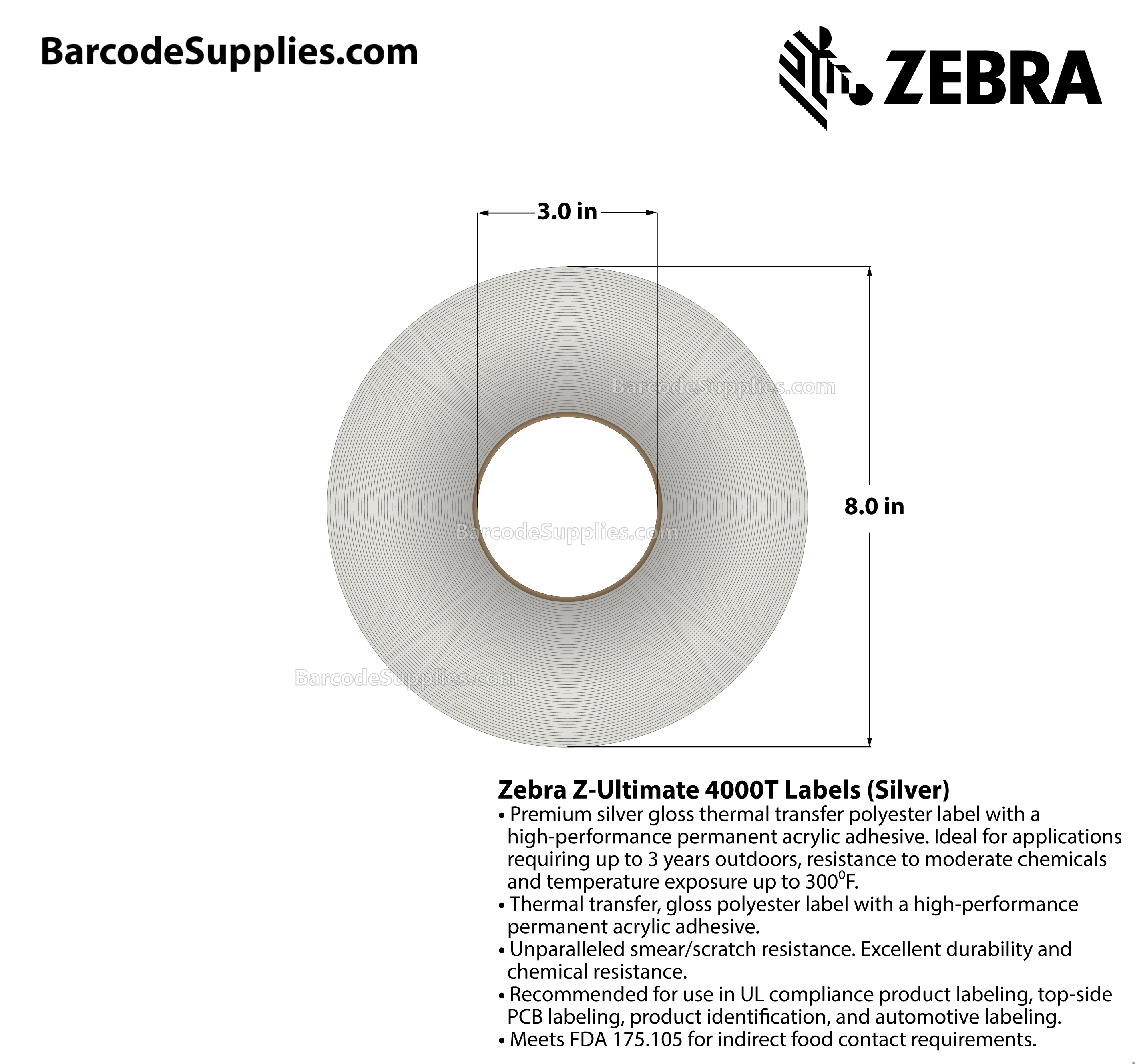 3 x 3 Thermal Transfer Silver Z-Ultimate 4000T Silver Labels With Permanent Adhesive - Perforated - 1000 Labels Per Roll - Carton Of 1 Rolls - 1000 Labels Total - MPN: 10023159