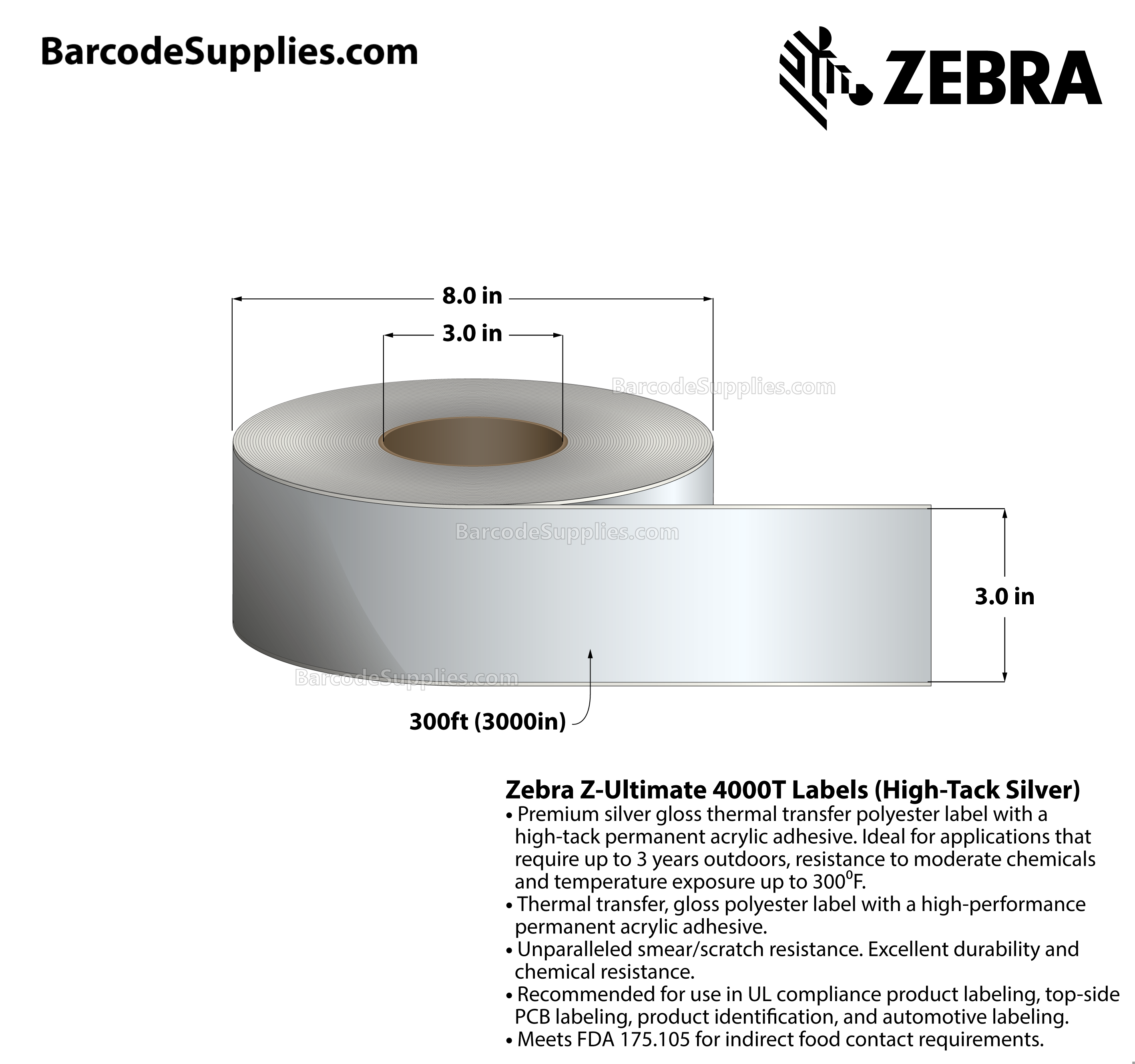 3 x 300' Thermal Transfer Silver Z-Ultimate 4000T High-Tack Silver Labels With High-tack Adhesive - Continuous - Labels Per Roll - Carton Of 1 Rolls - 0 Labels Total - MPN: 10023339