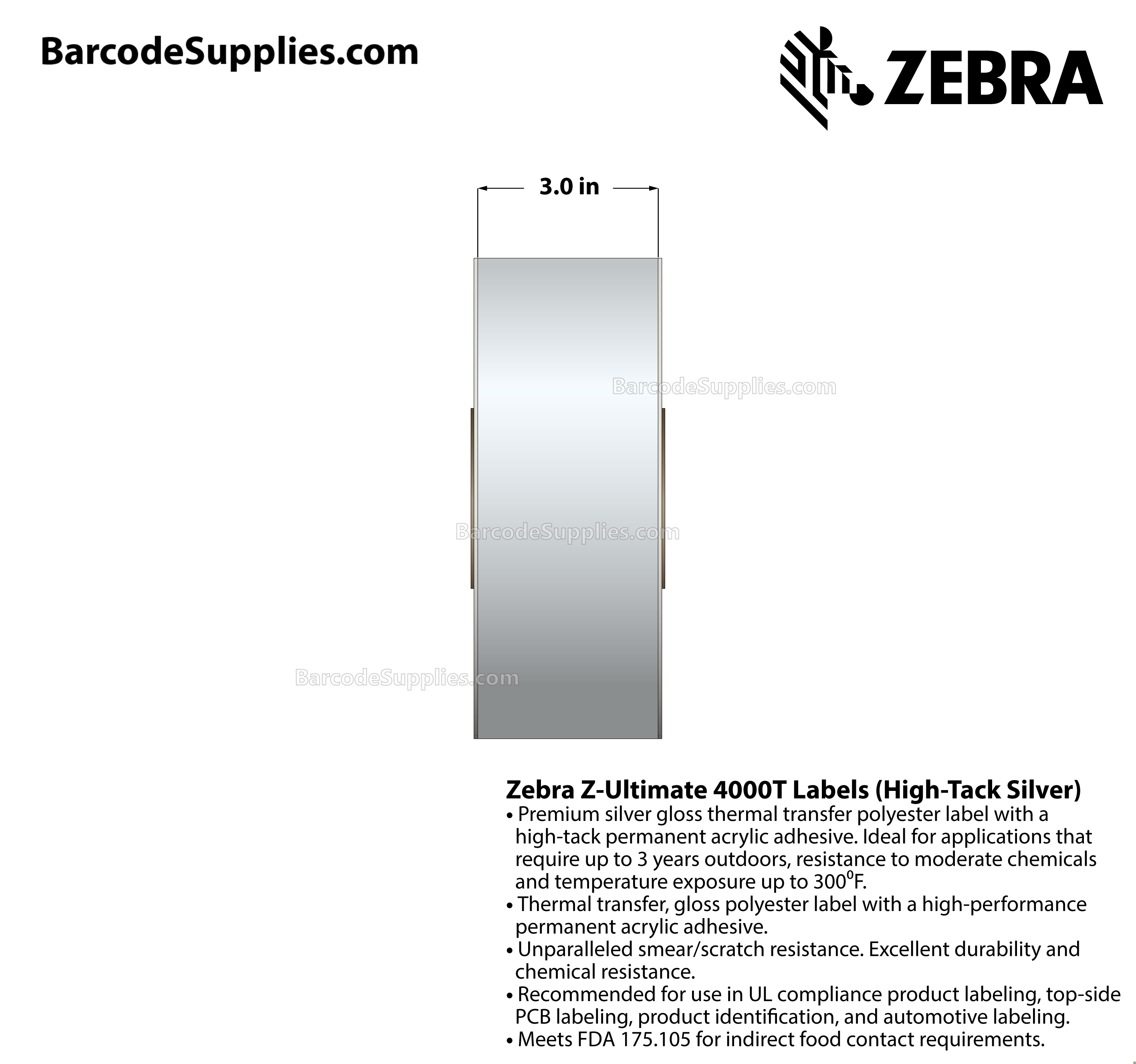3 x 300' Thermal Transfer Silver Z-Ultimate 4000T High-Tack Silver Labels With High-tack Adhesive - Continuous - Labels Per Roll - Carton Of 1 Rolls - 0 Labels Total - MPN: 10023339