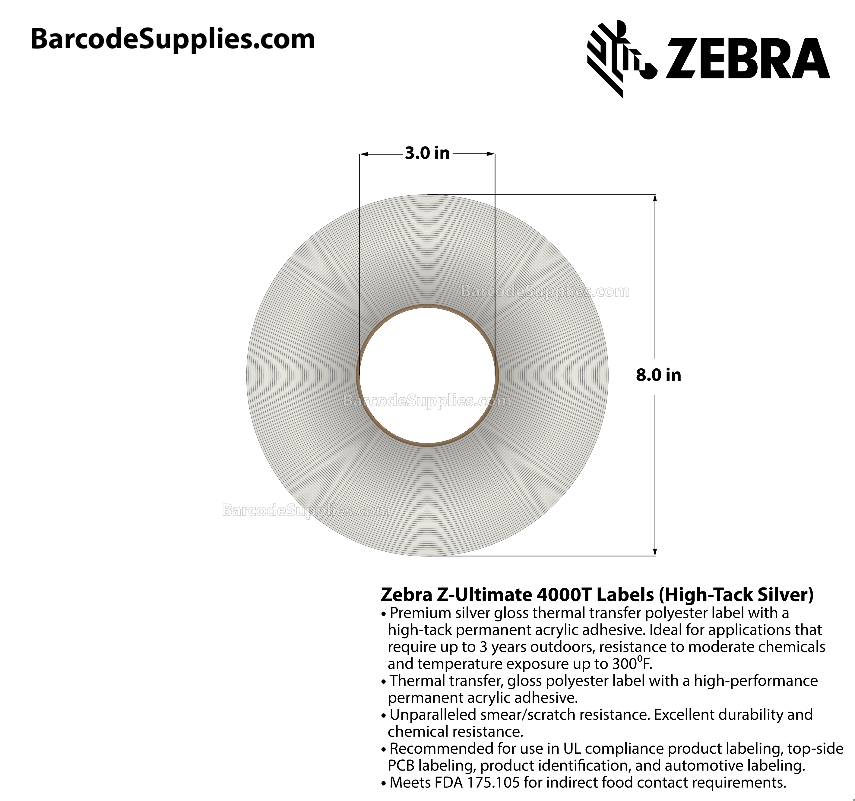 3 x 300' Thermal Transfer Silver Z-Ultimate 4000T High-Tack Silver Labels With High-tack Adhesive - Continuous - Labels Per Roll - Carton Of 1 Rolls - 0 Labels Total - MPN: 10023339