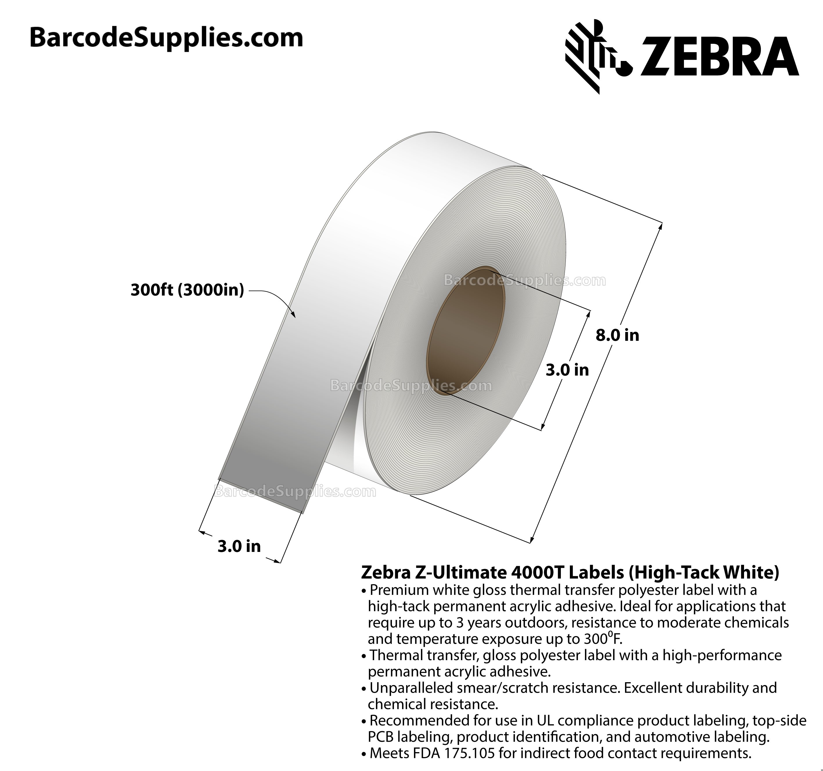 3 x 300' Thermal Transfer White Z-Ultimate 4000T High-Tack White Labels With High-tack Adhesive - Continuous - Labels Per Roll - Carton Of 1 Rolls - 0 Labels Total - MPN: 10023059