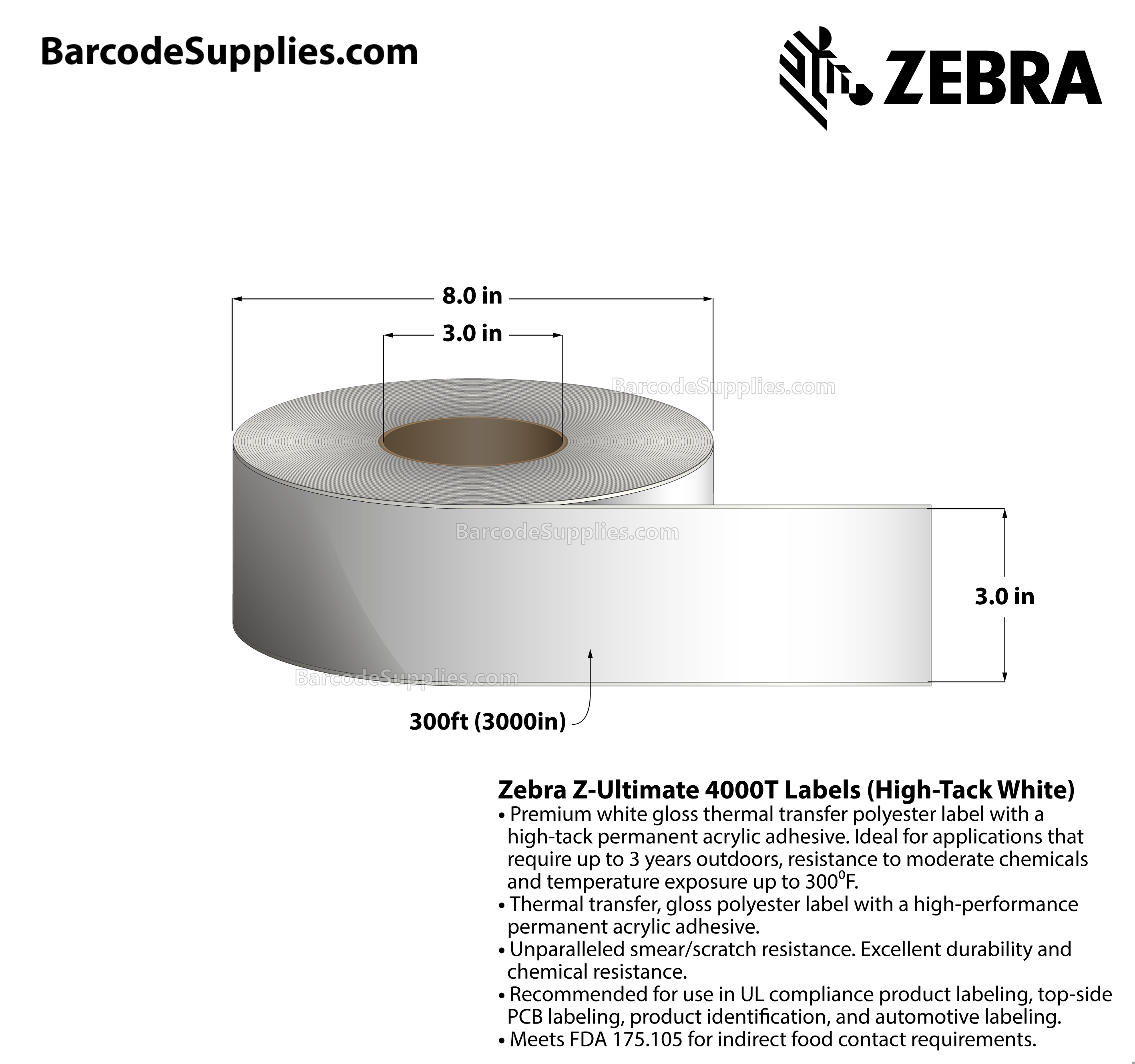 3 x 300' Thermal Transfer White Z-Ultimate 4000T High-Tack White Labels With High-tack Adhesive - Continuous - Labels Per Roll - Carton Of 1 Rolls - 0 Labels Total - MPN: 10023059