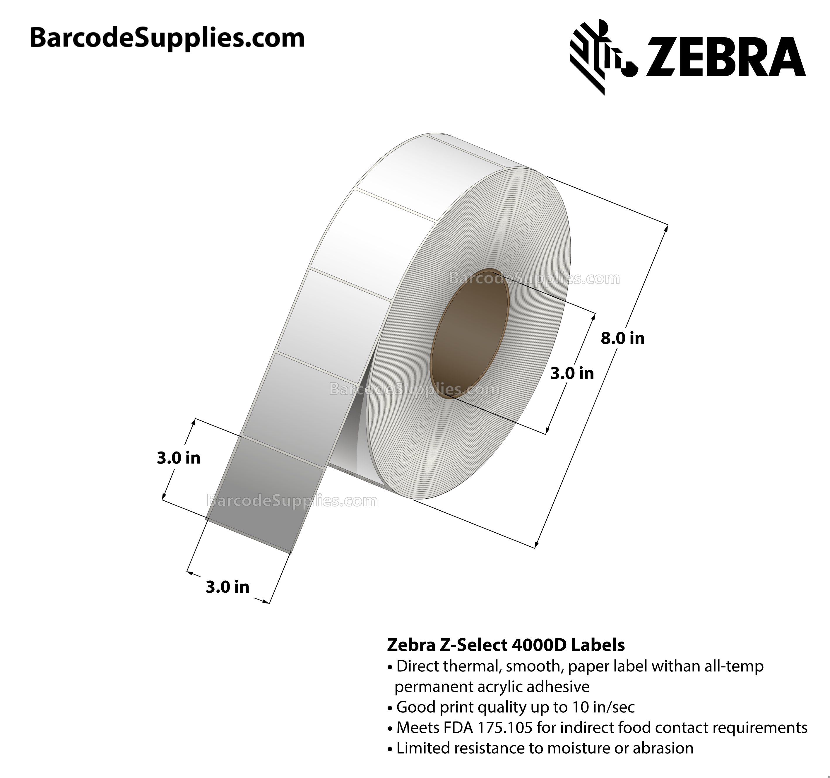 3 x 3 Direct Thermal White Z-Select 4000D Labels With All-Temp Adhesive - Not Perforated - 1840 Labels Per Roll - Carton Of 6 Rolls - 11040 Labels Total - MPN: 84086