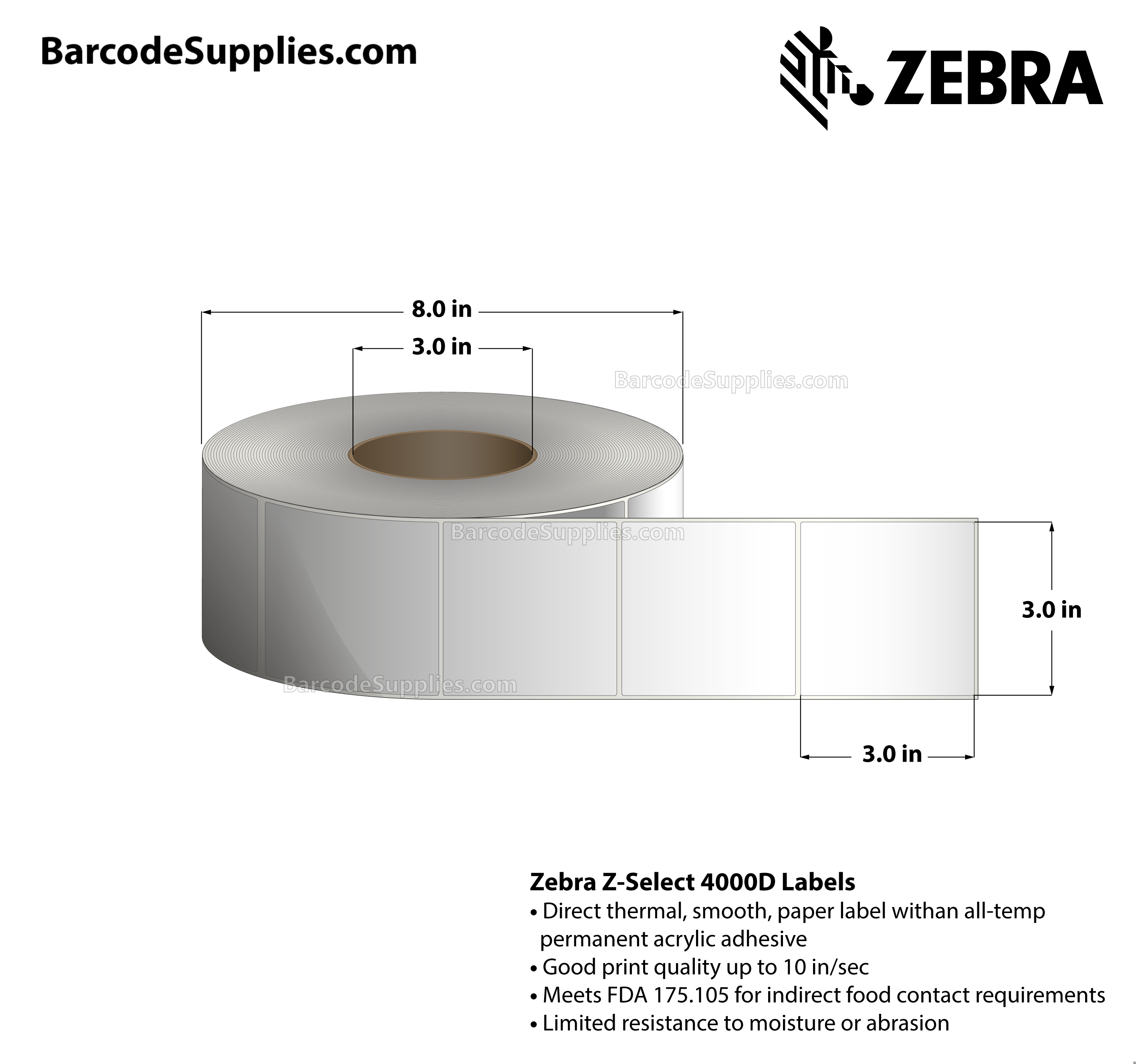 3 x 3 Direct Thermal White Z-Select 4000D Labels With All-Temp Adhesive - Not Perforated - 1840 Labels Per Roll - Carton Of 6 Rolls - 11040 Labels Total - MPN: 84086