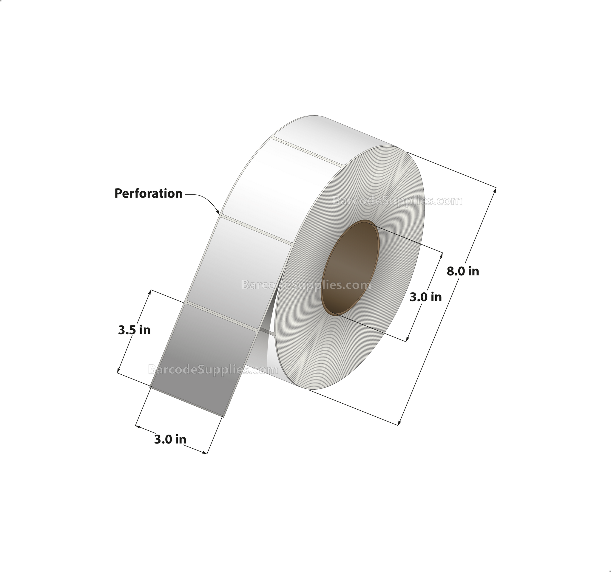 3 x 3.5 Thermal Transfer White Labels With Permanent Adhesive - Perforated - 1700 Labels Per Roll - Carton Of 8 Rolls - 13600 Labels Total - MPN: RT-3-35-1700-3