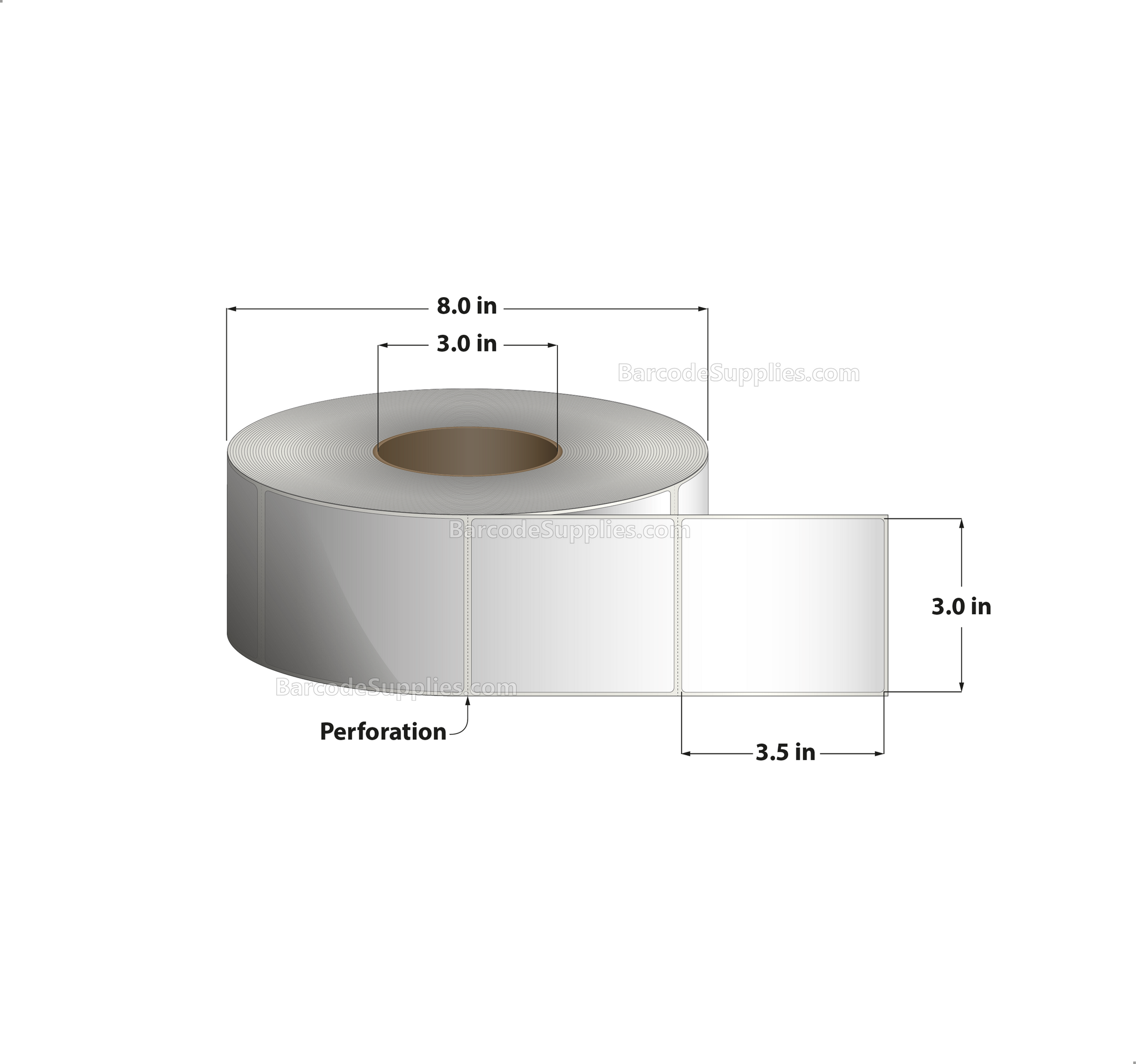 3 x 3.5 Thermal Transfer White Labels With Permanent Adhesive - Perforated - 1700 Labels Per Roll - Carton Of 8 Rolls - 13600 Labels Total - MPN: RT-3-35-1700-3