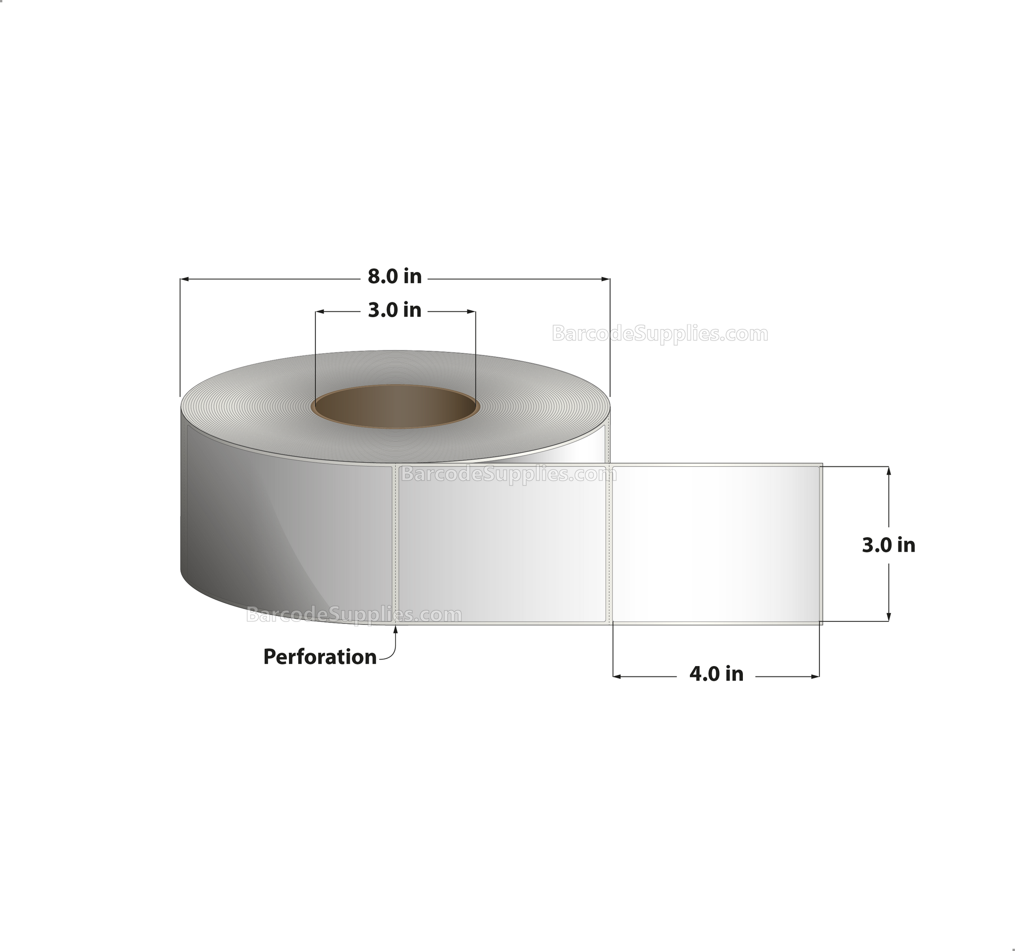 3 x 4 Thermal Transfer White Labels With Permanent Acrylic Adhesive - Perforated - 1500 Labels Per Roll - Carton Of 8 Rolls - 12000 Labels Total - MPN: TH34-1P