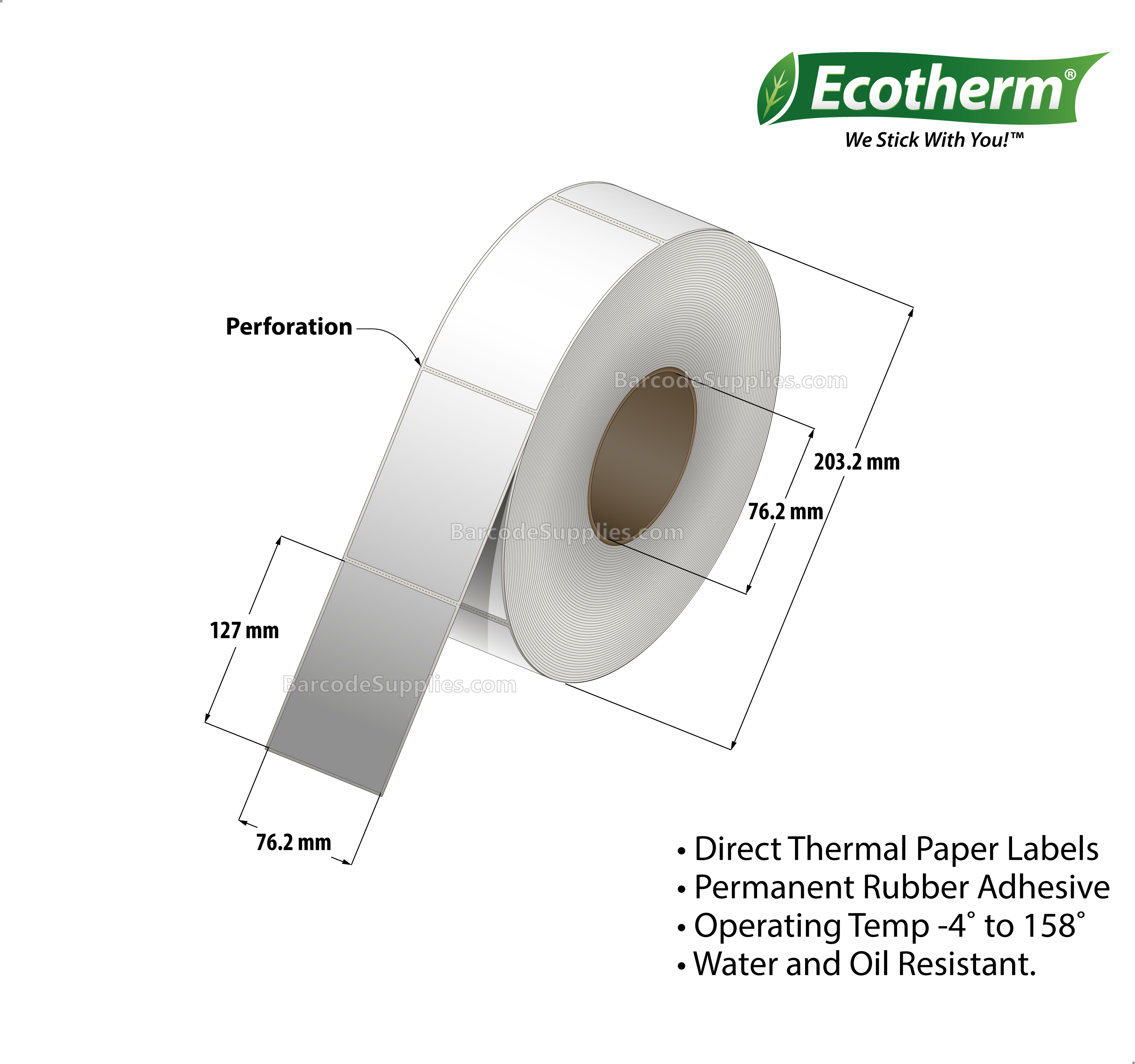 3 x 5 Direct Thermal White Labels With Rubber Adhesive - Perforated - 1250 Labels Per Roll - Carton Of 4 Rolls - 5000 Labels Total - MPN: ECOTHERM18114-4