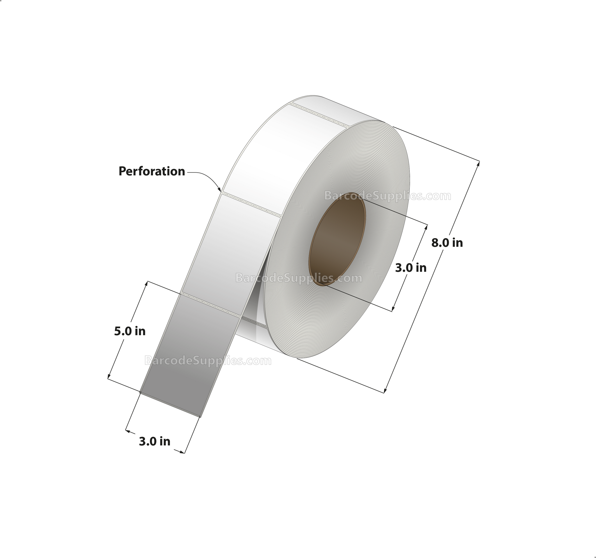 3 x 5 Thermal Transfer White Labels With Permanent Acrylic Adhesive - Perforated - 1250 Labels Per Roll - Carton Of 6 Rolls - 7500 Labels Total - MPN: TH35-1P