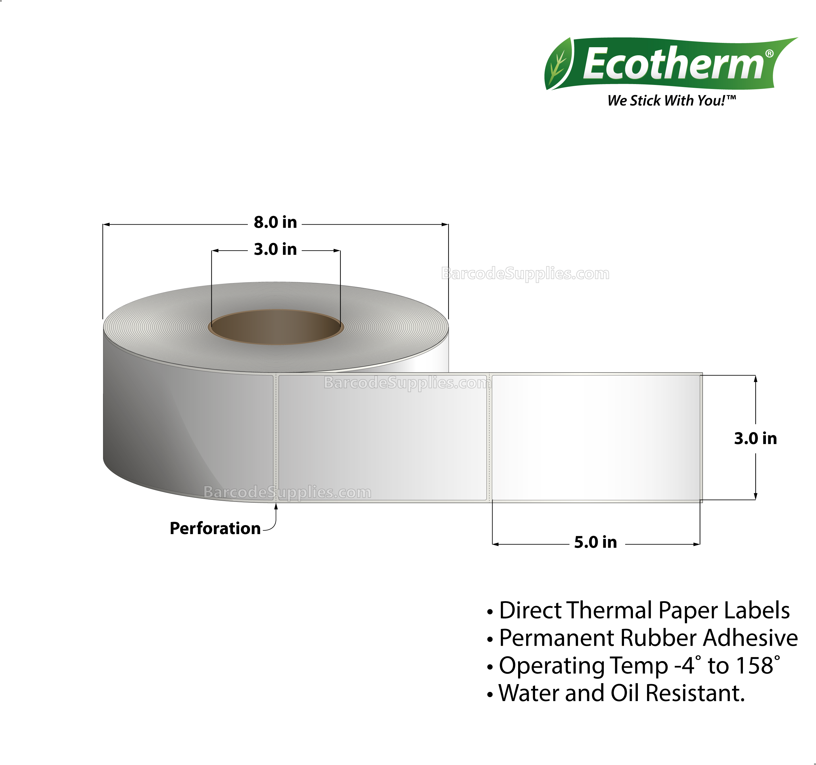 3 x 5 Direct Thermal White Labels With Rubber Adhesive - Perforated - 1250 Labels Per Roll - Carton Of 4 Rolls - 5000 Labels Total - MPN: ECOTHERM18114-4