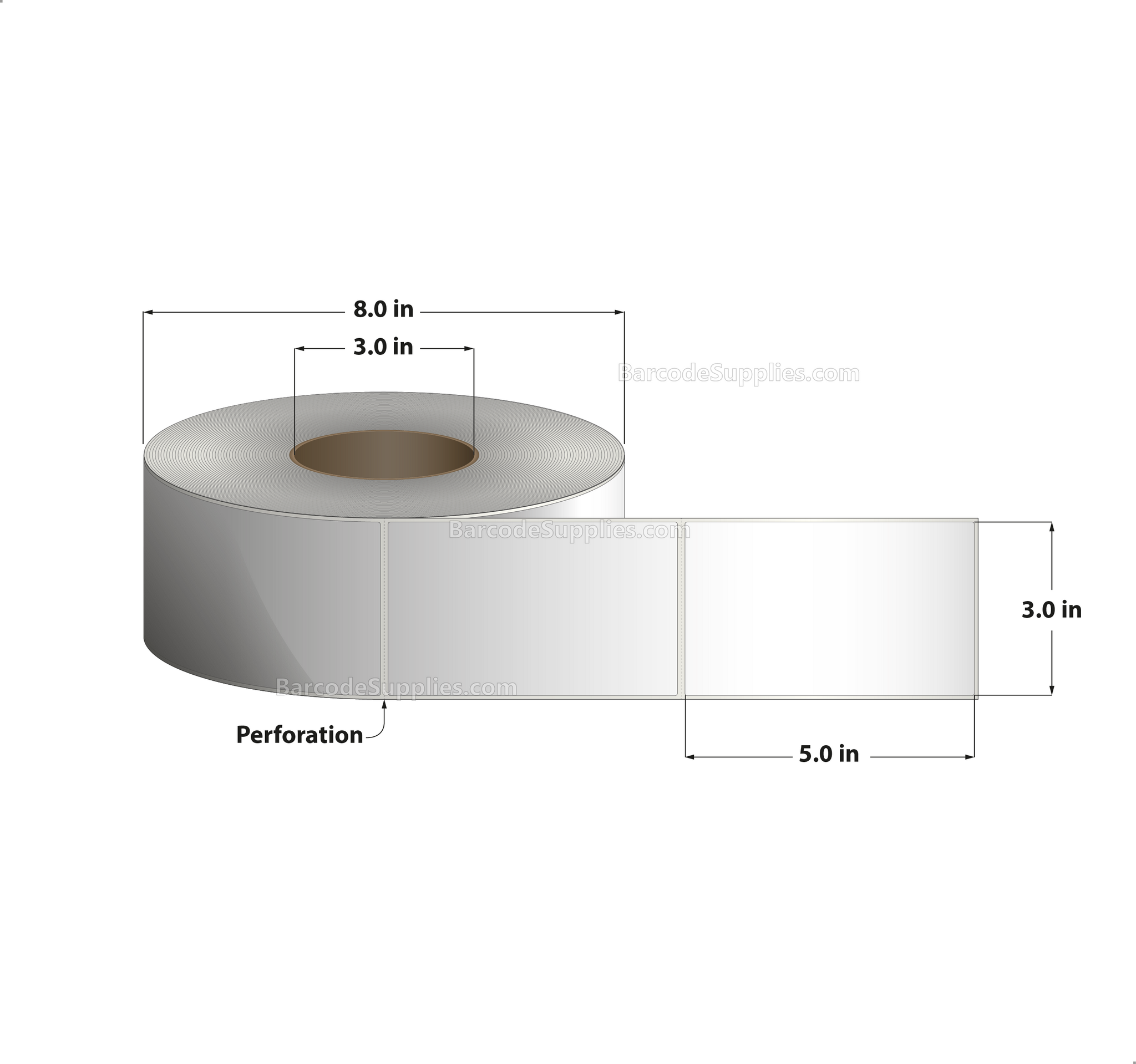 3 x 5 Thermal Transfer White Labels With Removable Adhesive - Perforated - 1200 Labels Per Roll - Carton Of 8 Rolls - 9600 Labels Total - MPN: RE-3-5-1200-3