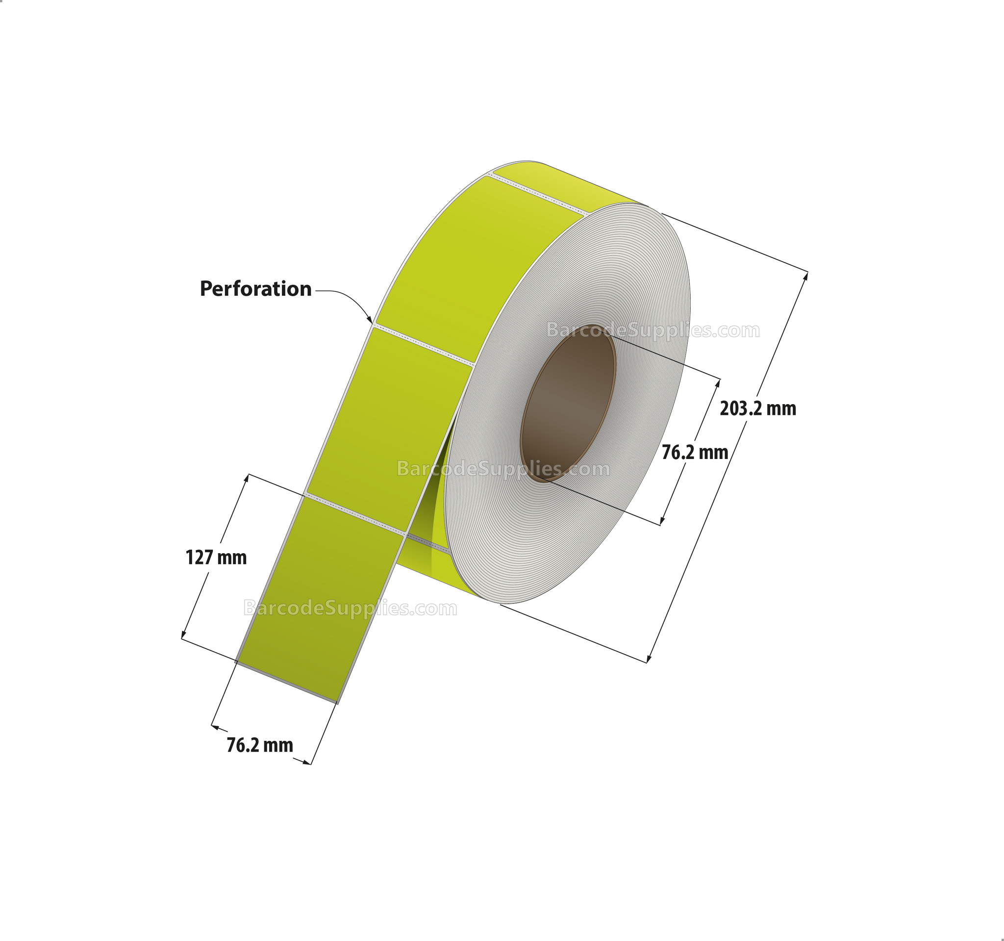 3 x 5 Thermal Transfer Fluorescent Chartreuse Labels With Permanent Adhesive - Perforated - 1200 Labels Per Roll - Carton Of 8 Rolls - 9600 Labels Total - MPN: FL-3-5-1200-CH