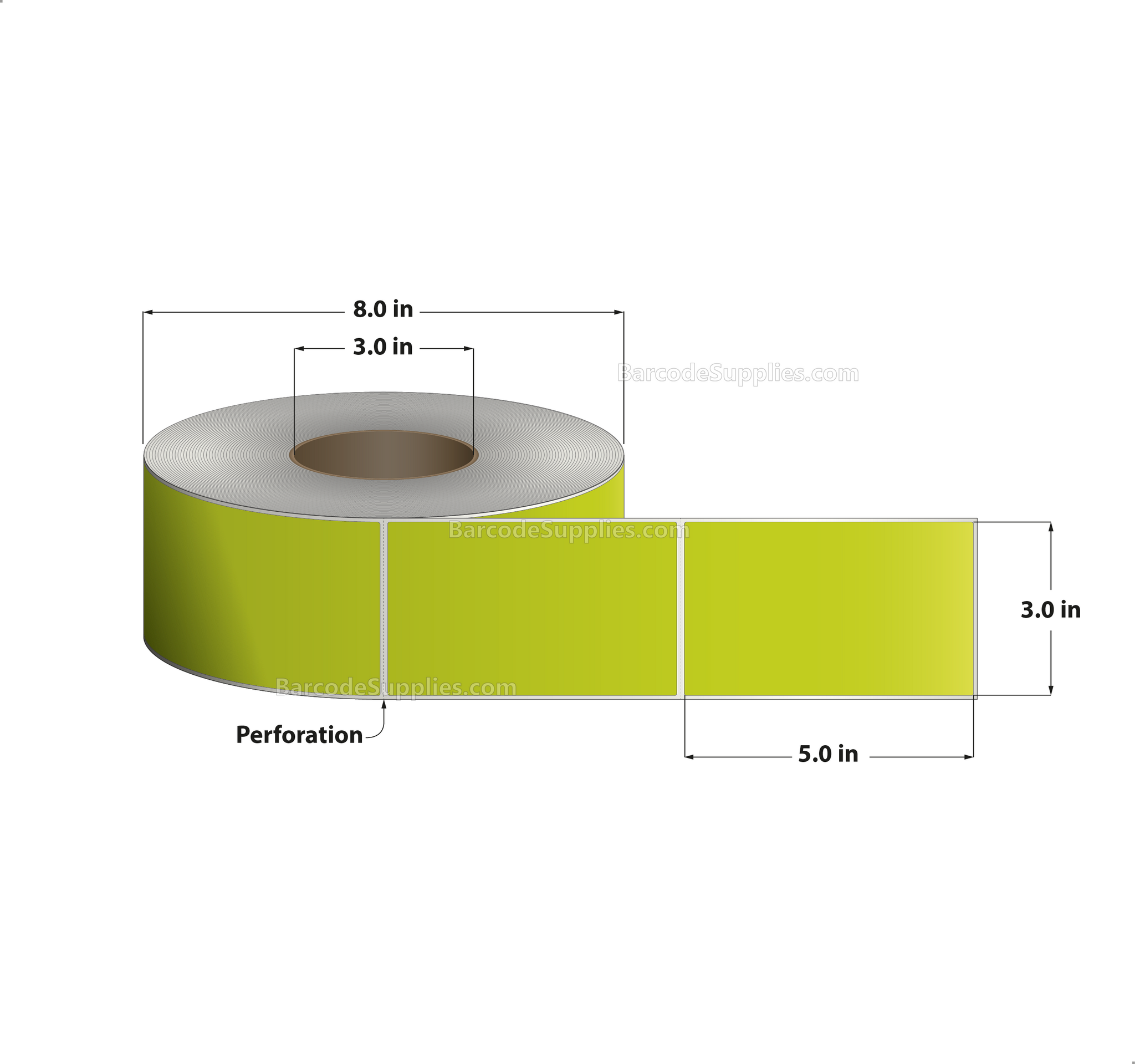 3 x 5 Thermal Transfer Fluorescent Chartreuse Labels With Permanent Adhesive - Perforated - 1200 Labels Per Roll - Carton Of 8 Rolls - 9600 Labels Total - MPN: FL-3-5-1200-CH