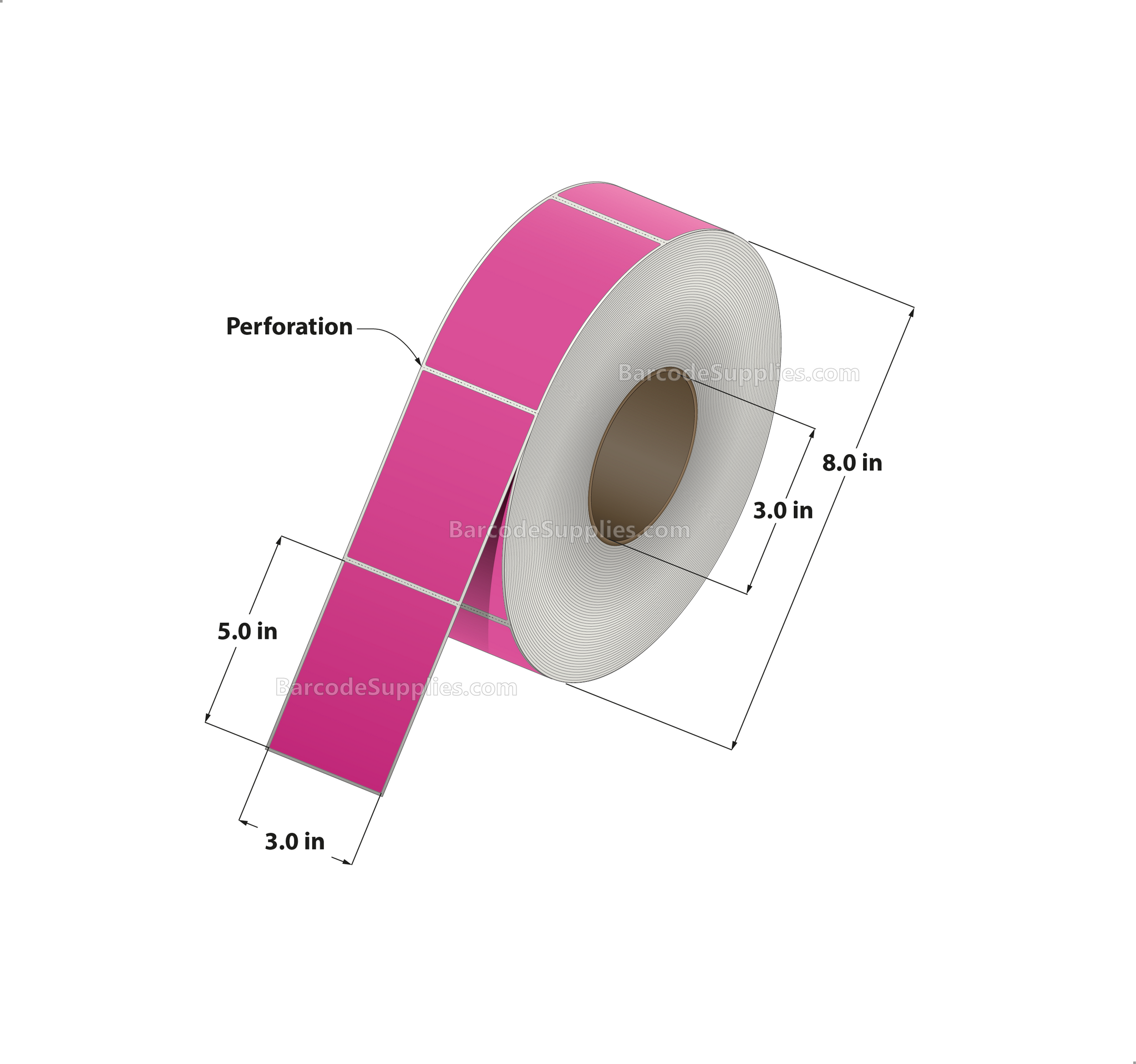 3 x 5 Thermal Transfer Fluorescent 806 Pink Labels With Permanent Adhesive - Perforated - 1200 Labels Per Roll - Carton Of 8 Rolls - 9600 Labels Total - MPN: FL-3-5-1200-PK