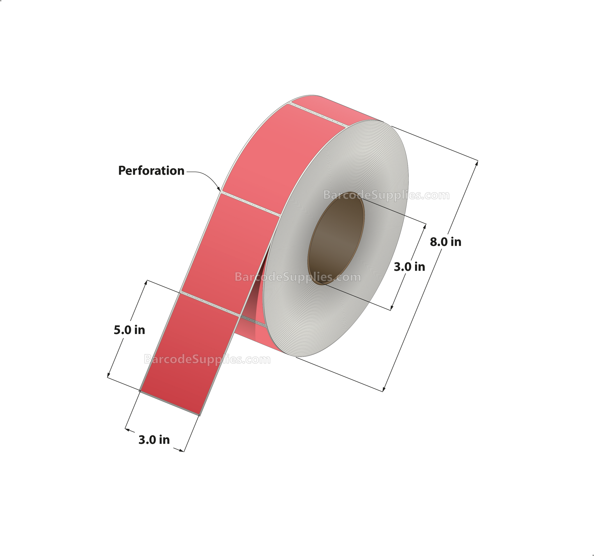 3 x 5 Thermal Transfer Fluorescent 85 Red Labels With Permanent Adhesive - Perforated - 1200 Labels Per Roll - Carton Of 8 Rolls - 9600 Labels Total - MPN: FL-3-5-1200-RD