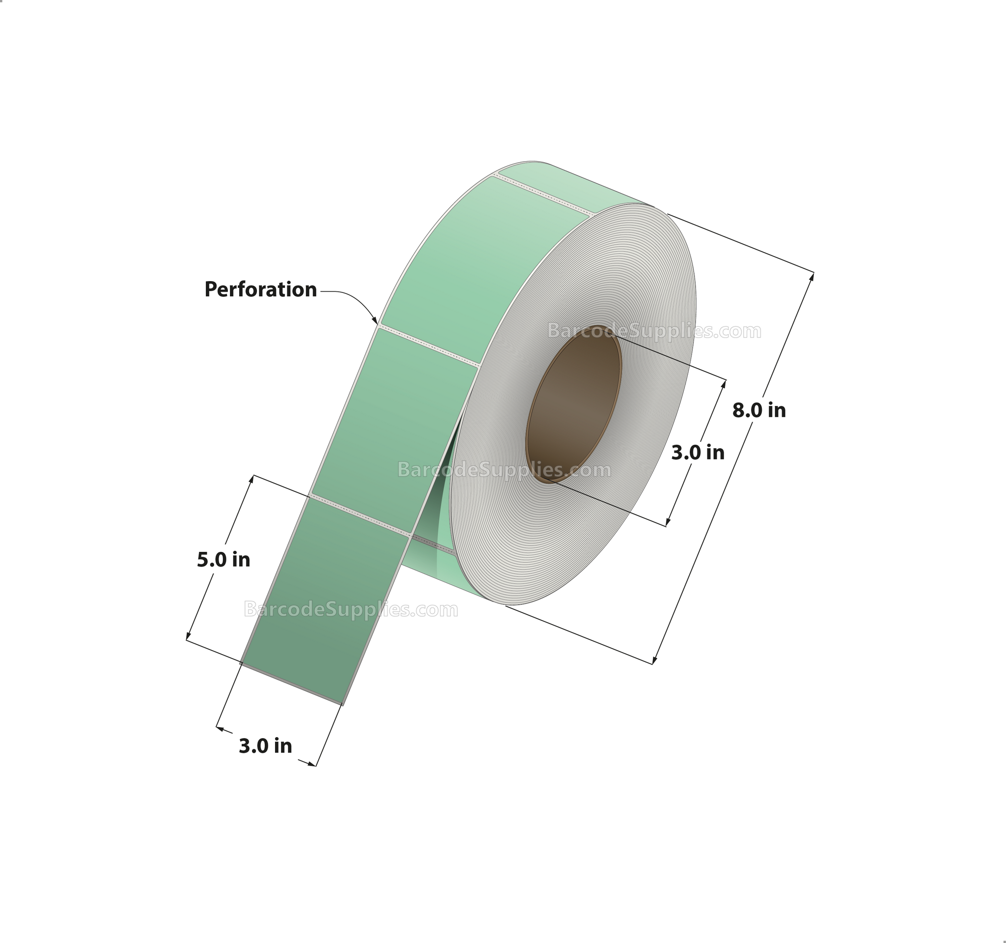 3 x 5 Thermal Transfer Fluorescent 802 Green Labels With Permanent Adhesive - Perforated - 1200 Labels Per Roll - Carton Of 8 Rolls - 9600 Labels Total - MPN: FL-3-5-1200-GR