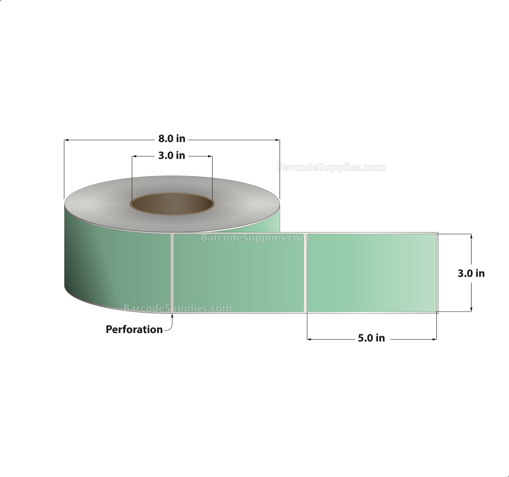 3 x 5 Thermal Transfer Fluorescent 802 Green Labels With Permanent Adhesive - Perforated - 1200 Labels Per Roll - Carton Of 8 Rolls - 9600 Labels Total - MPN: FL-3-5-1200-GR