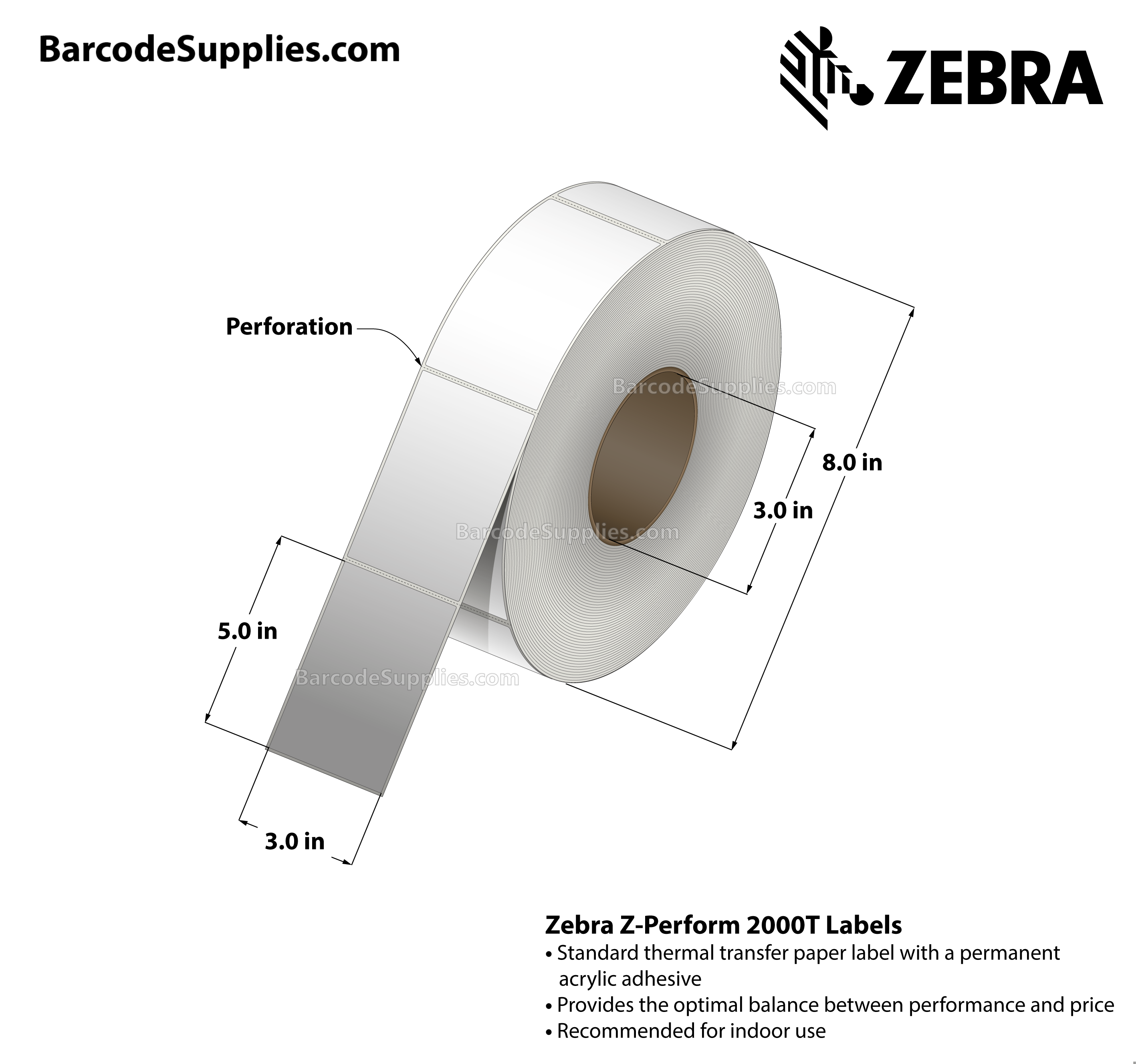 3 x 5 Thermal Transfer White Z-Perform 2000T Labels With Permanent Adhesive - Perforated - 1200 Labels Per Roll - Carton Of 6 Rolls - 7200 Labels Total - MPN: 10010242