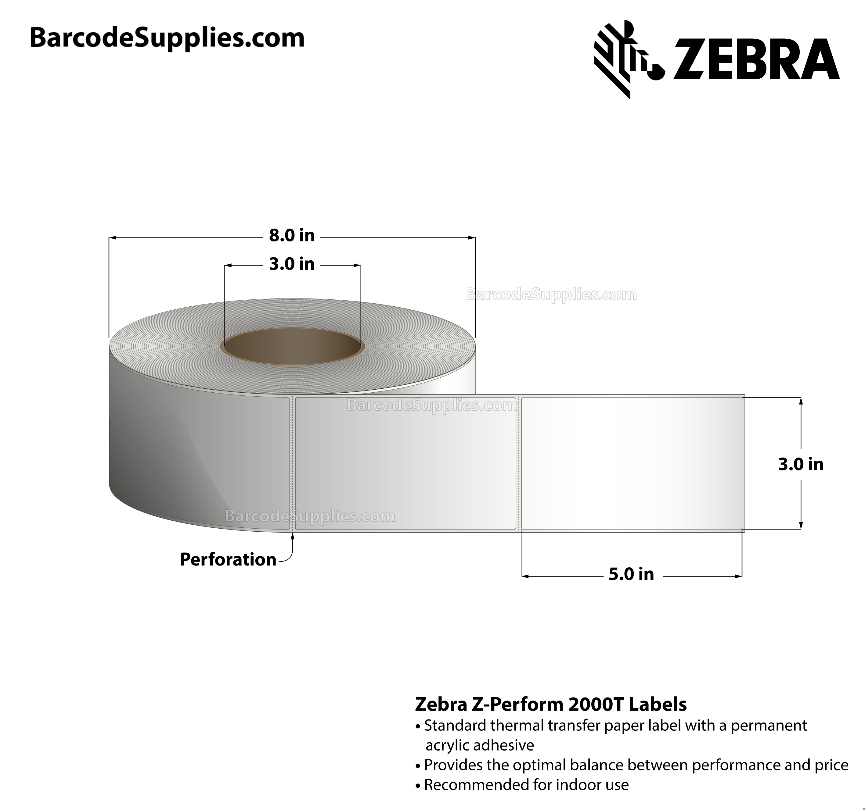 3 x 5 Thermal Transfer White Z-Perform 2000T Labels With Permanent Adhesive - Perforated - 1200 Labels Per Roll - Carton Of 6 Rolls - 7200 Labels Total - MPN: 10010242