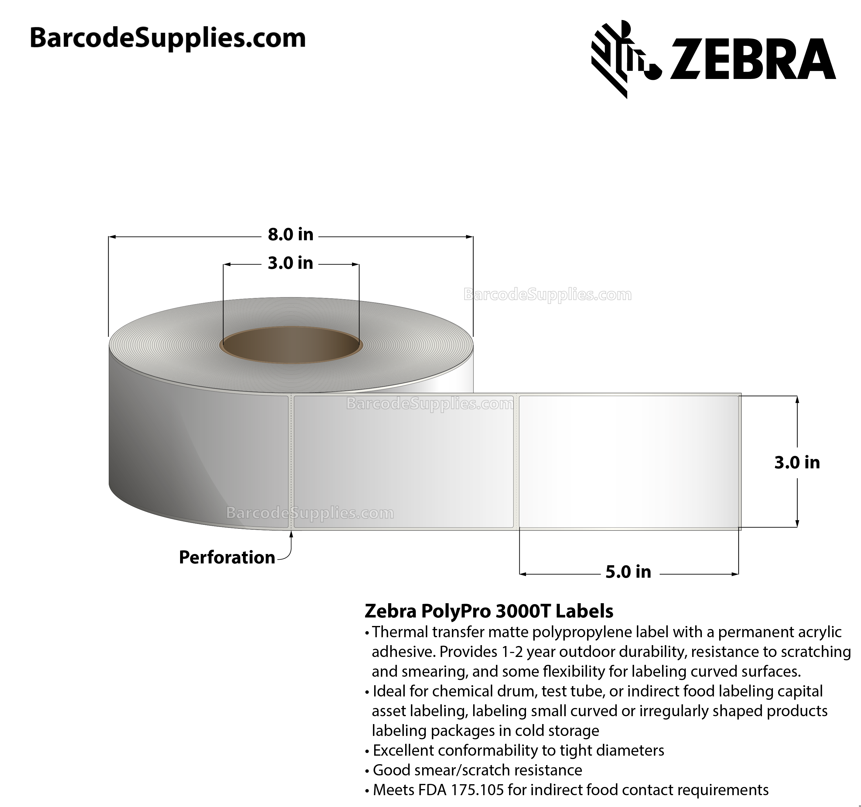 3 x 5 Thermal Transfer White PolyPro 3000T Labels With Permanent Adhesive - Perforated - 1015 Labels Per Roll - Carton Of 4 Rolls - 4060 Labels Total - MPN: 10011992