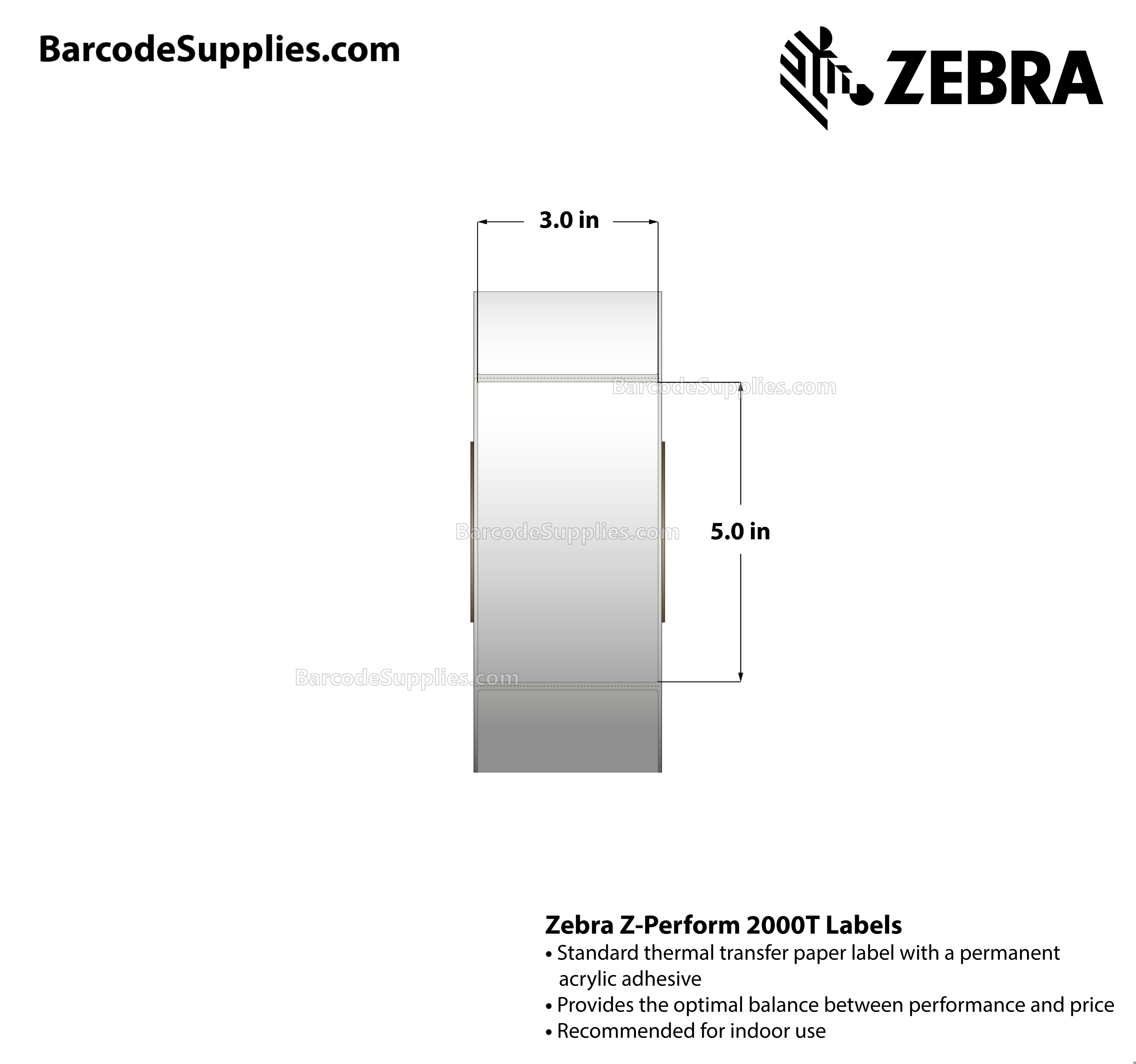 3 x 5 Thermal Transfer White Z-Perform 2000T Labels With Permanent Adhesive - Perforated - 1200 Labels Per Roll - Carton Of 6 Rolls - 7200 Labels Total - MPN: 10010242