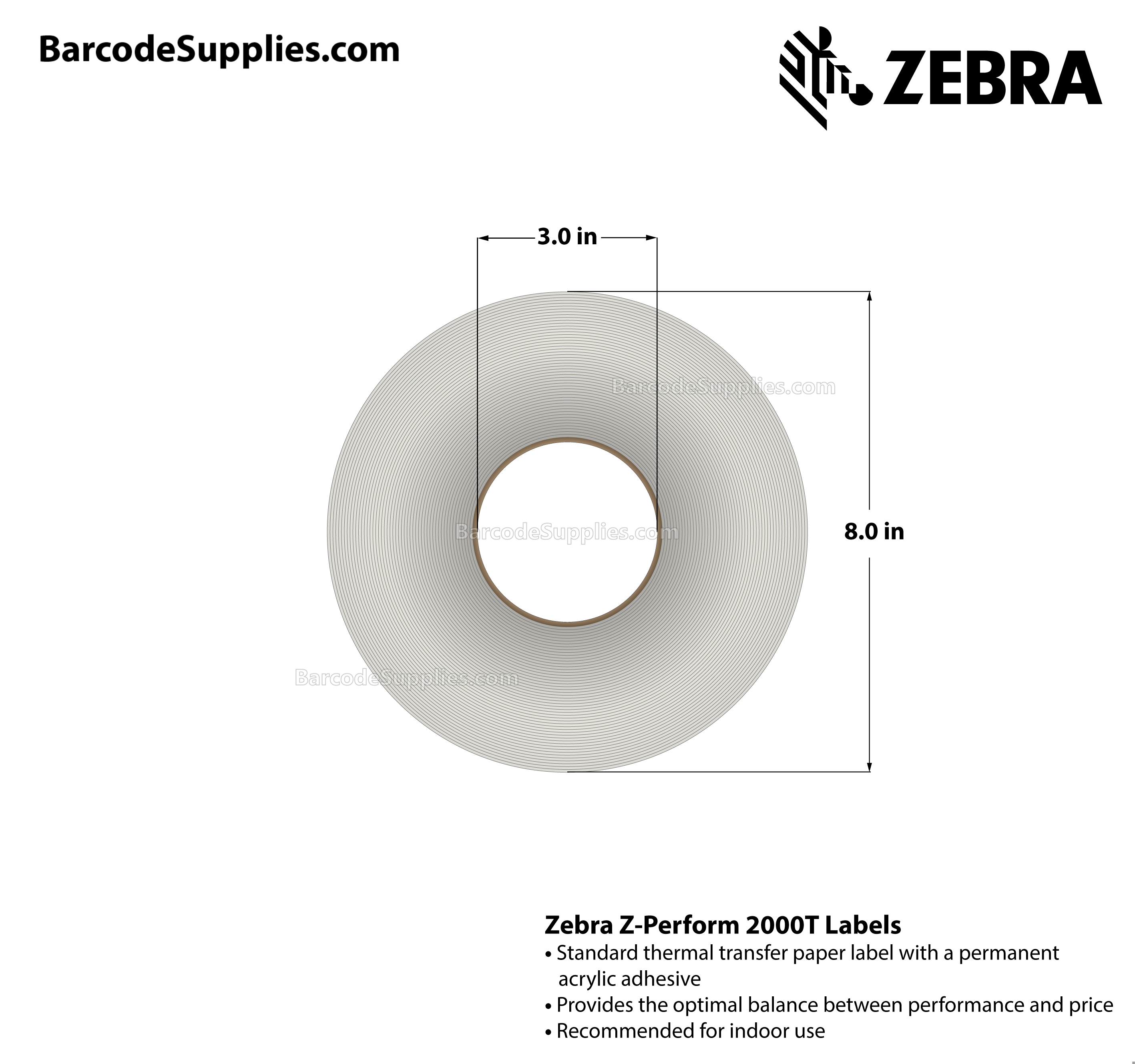 3 x 5 Thermal Transfer White Z-Perform 2000T Labels With Permanent Adhesive - Perforated - 1200 Labels Per Roll - Carton Of 6 Rolls - 7200 Labels Total - MPN: 10010242