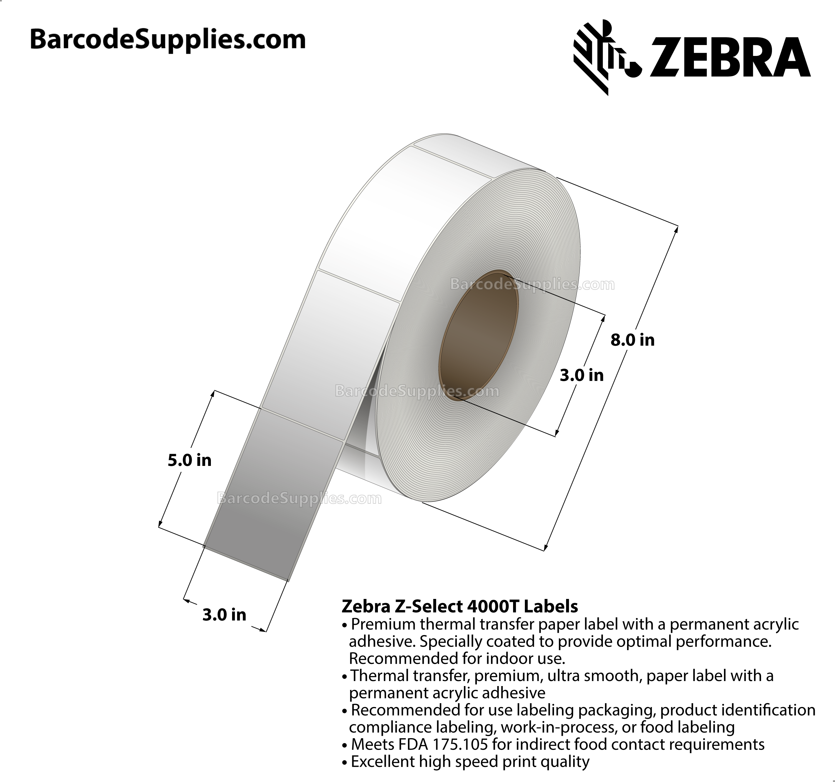 3 x 5 Thermal Transfer White Z-Select 4000T Labels With Permanent Adhesive - Not Perforated - 1100 Labels Per Roll - Carton Of 6 Rolls - 6600 Labels Total - MPN: 72993