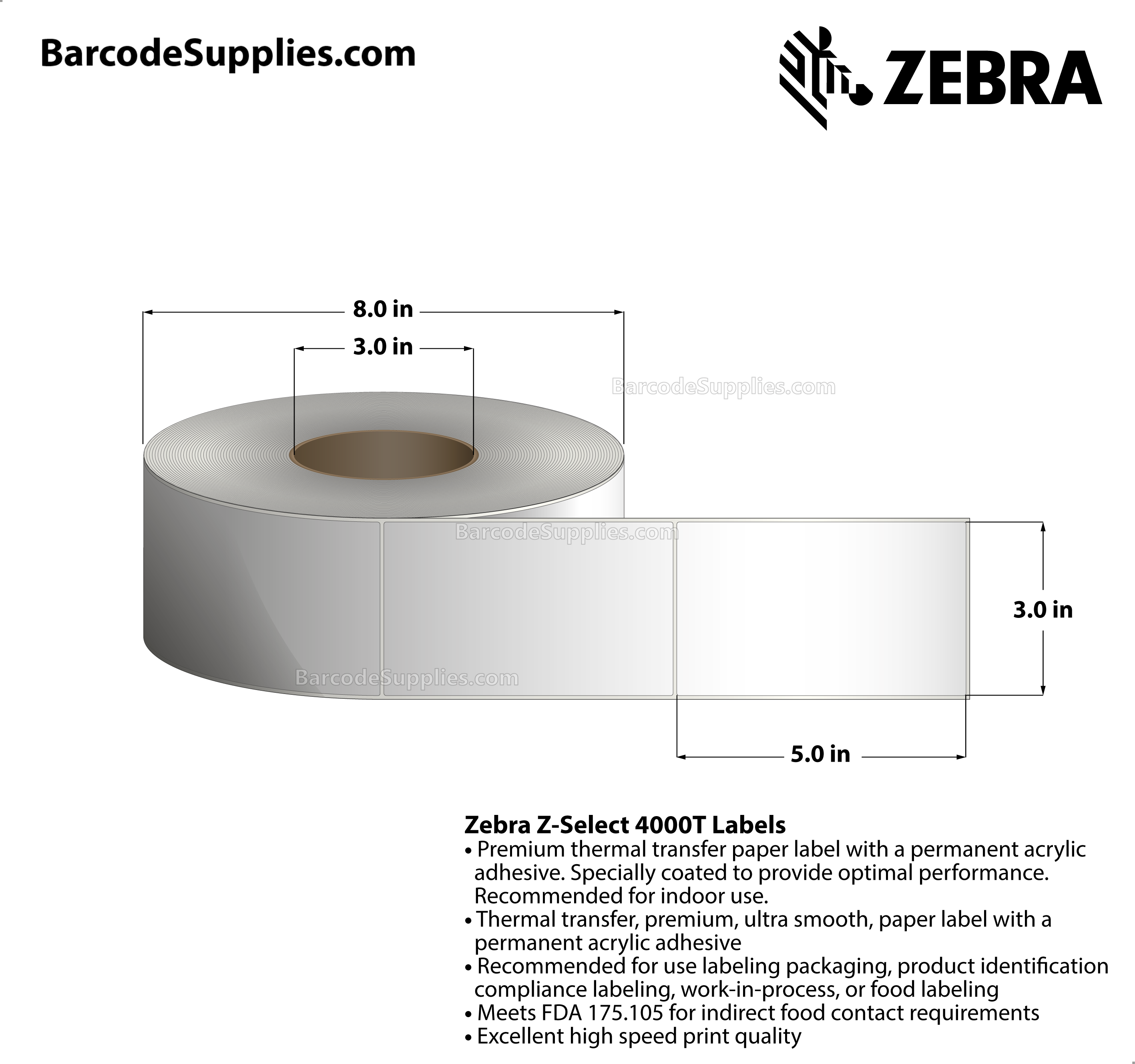 3 x 5 Thermal Transfer White Z-Select 4000T Labels With Permanent Adhesive - Not Perforated - 1100 Labels Per Roll - Carton Of 6 Rolls - 6600 Labels Total - MPN: 72993