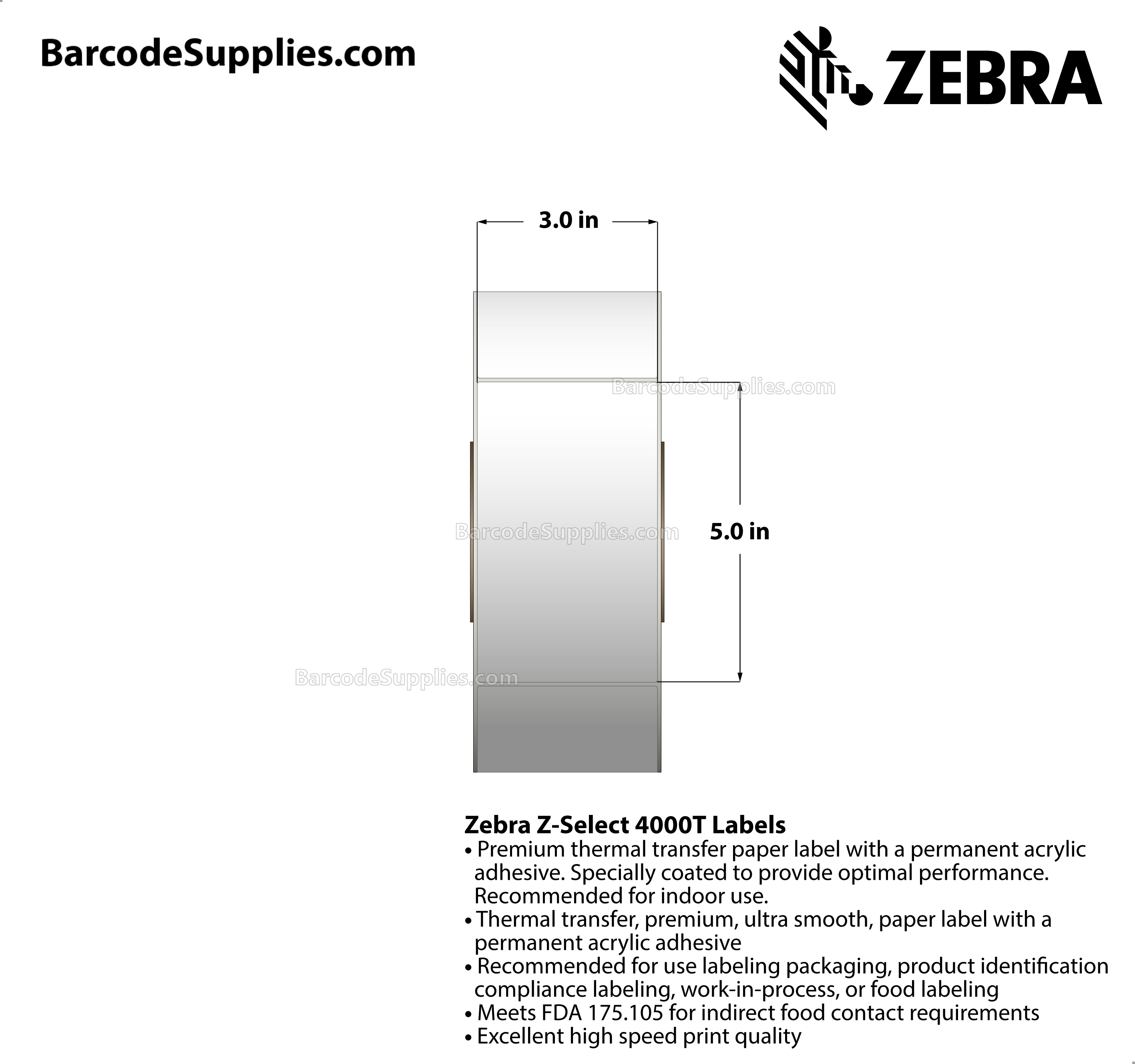 3 x 5 Thermal Transfer White Z-Select 4000T Labels With Permanent Adhesive - Not Perforated - 1100 Labels Per Roll - Carton Of 6 Rolls - 6600 Labels Total - MPN: 72993