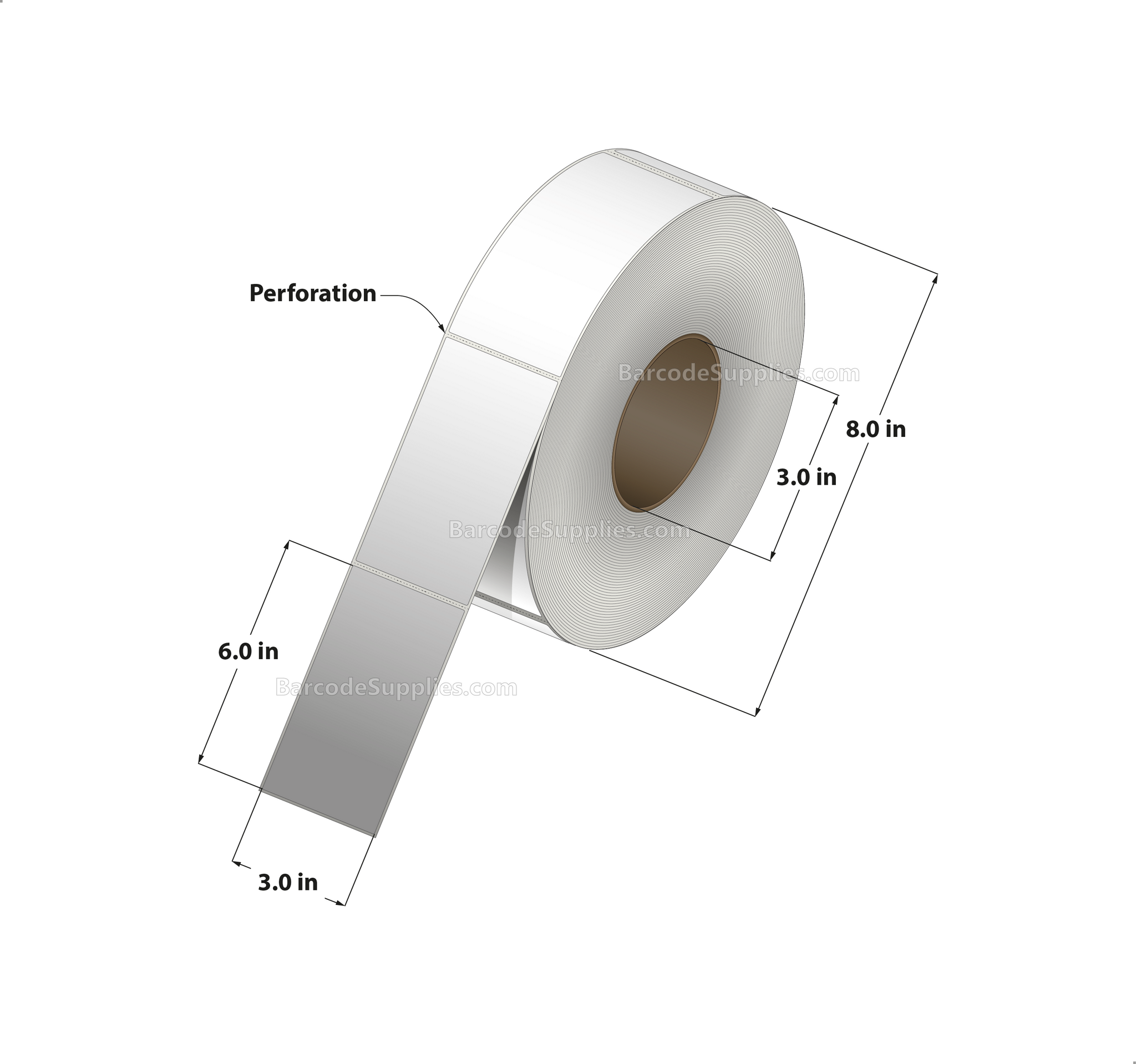 3 x 6 Thermal Transfer White Labels With Permanent Adhesive - Perforated - 1000 Labels Per Roll - Carton Of 8 Rolls - 8000 Labels Total - MPN: RT-3-6-1000-3