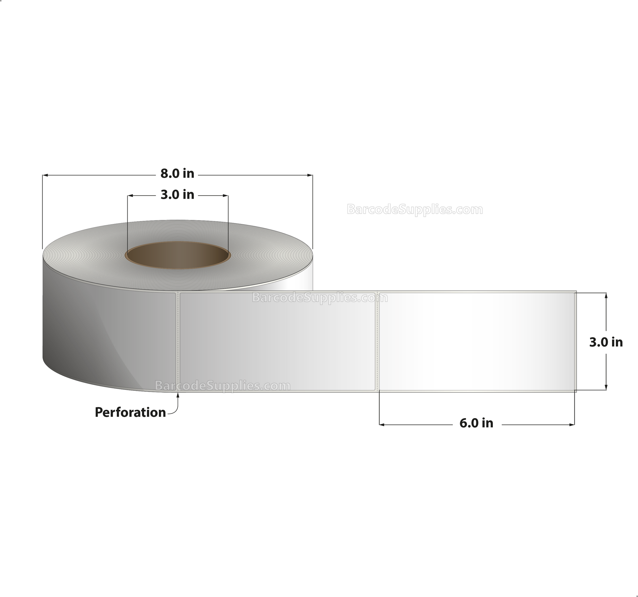 3 x 6 Thermal Transfer White Labels With Permanent Adhesive - Perforated - 1000 Labels Per Roll - Carton Of 8 Rolls - 8000 Labels Total - MPN: RT-3-6-1000-3