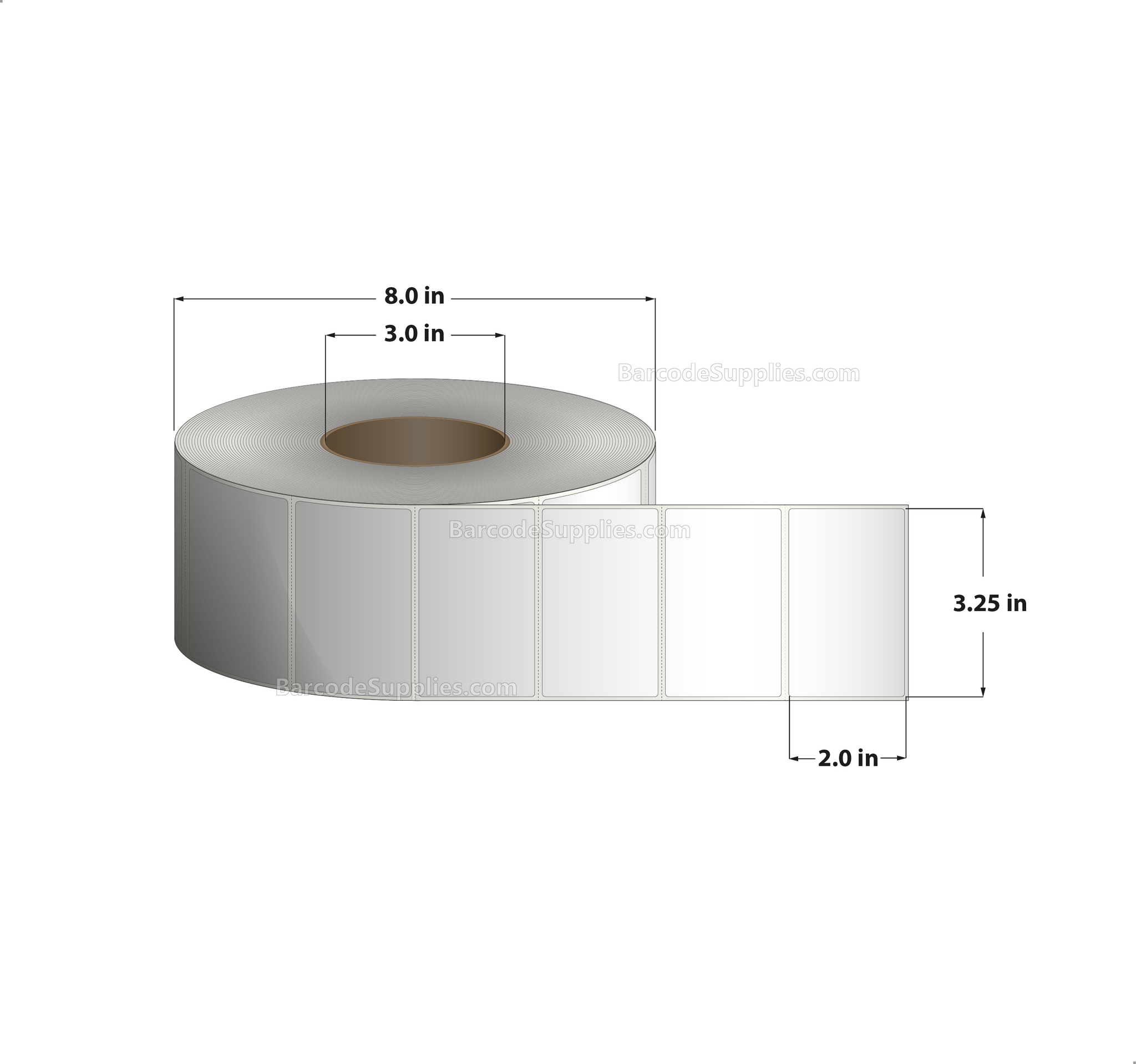 3.25 x 2 Thermal Transfer White Labels With Permanent Adhesive - Perforated - 2900 Labels Per Roll - Carton Of 8 Rolls - 23200 Labels Total - MPN: RT-325-2-2900-3