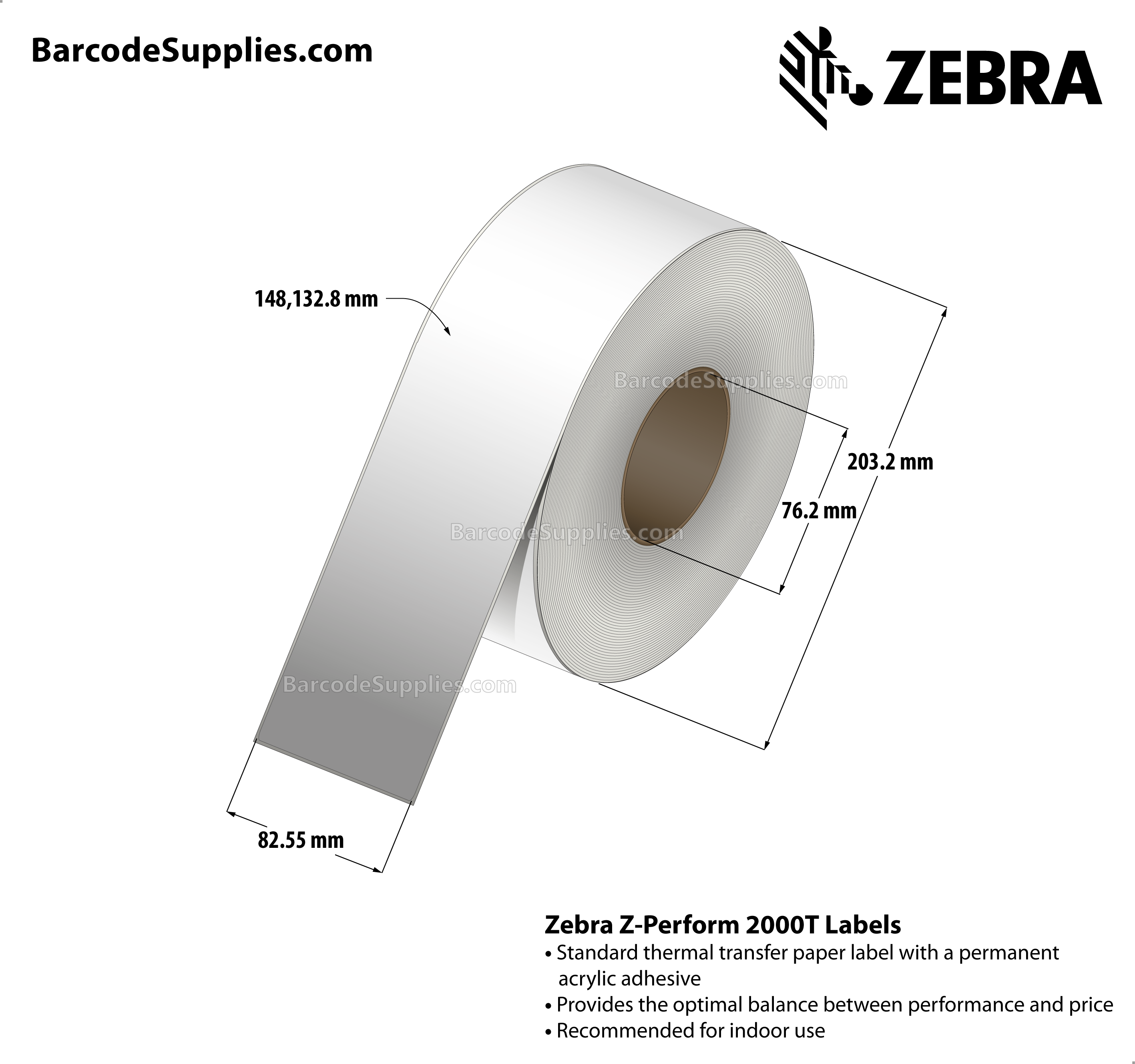 3.25 x 486' Thermal Transfer White Z-Perform 2000T All-Temp Labels With All-Temp Adhesive - Continuous - Labels Per Roll - Carton Of 6 Rolls - 0 Labels Total - MPN: 72372