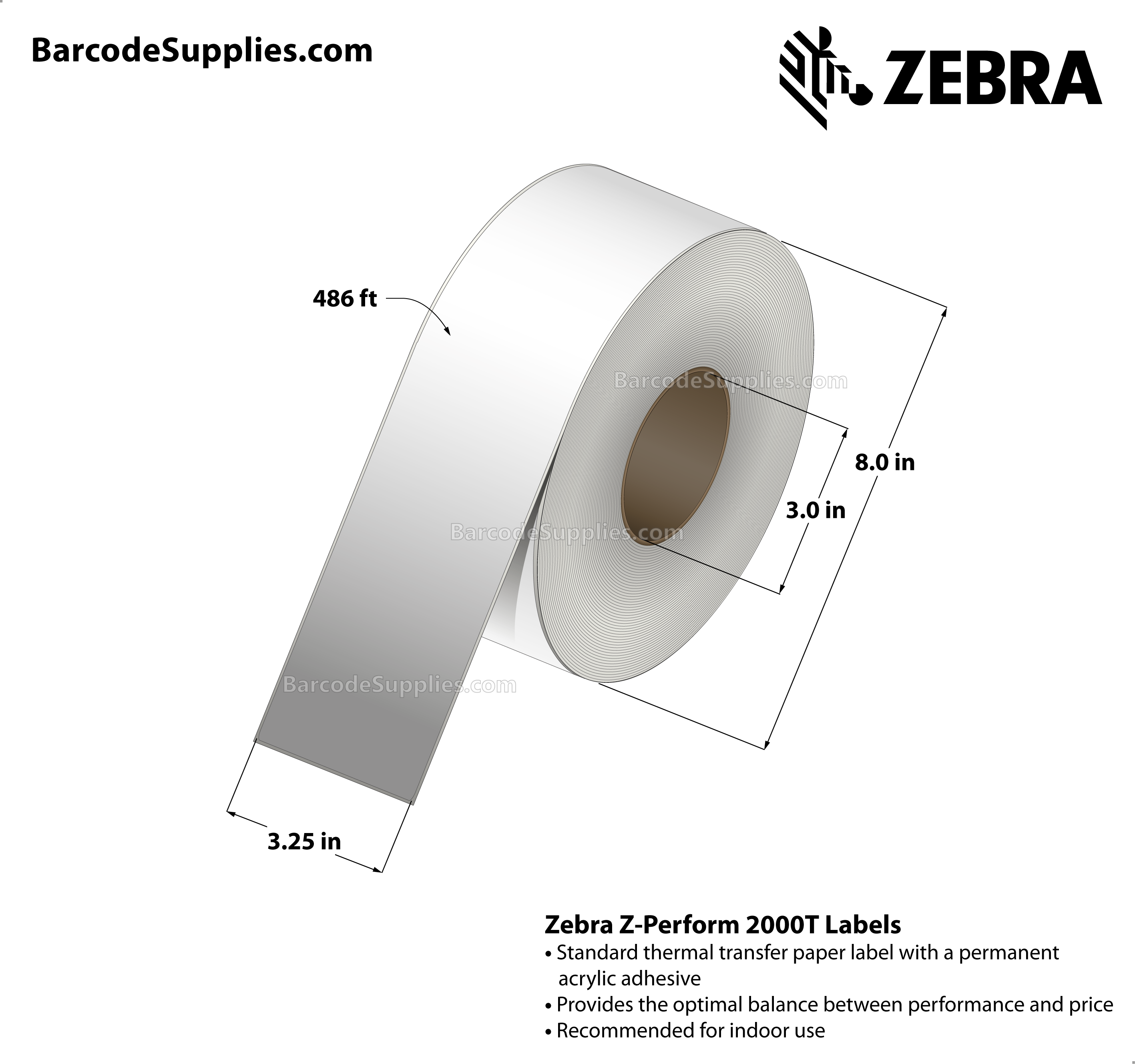 3.25 x 486' Thermal Transfer White Z-Perform 2000T All-Temp Labels With All-Temp Adhesive - Continuous - Labels Per Roll - Carton Of 6 Rolls - 0 Labels Total - MPN: 72372