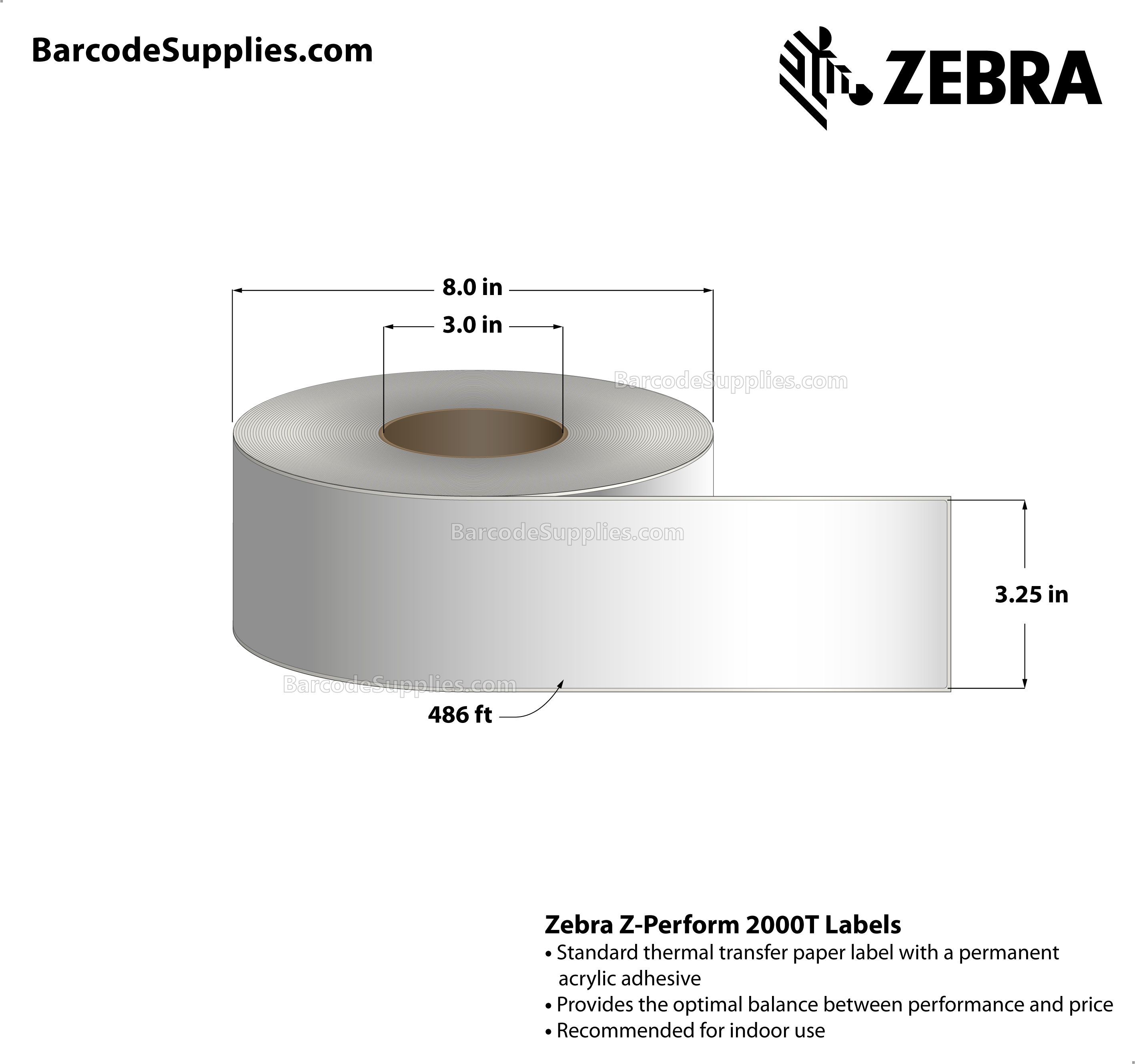 3.25 x 486' Thermal Transfer White Z-Perform 2000T All-Temp Labels With All-Temp Adhesive - Continuous - Labels Per Roll - Carton Of 6 Rolls - 0 Labels Total - MPN: 72372