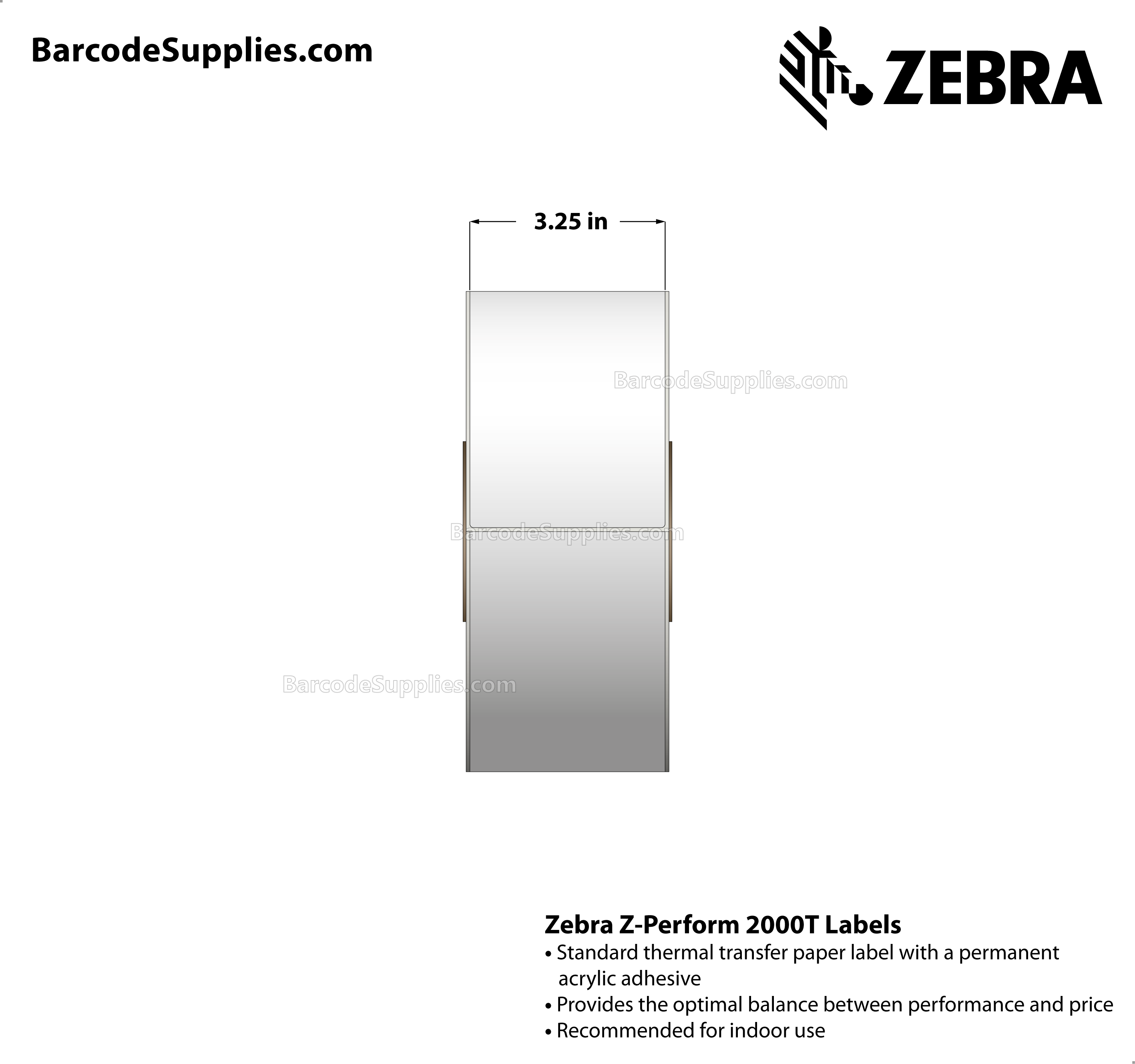 3.25 x 486' Thermal Transfer White Z-Perform 2000T All-Temp Labels With All-Temp Adhesive - Continuous - Labels Per Roll - Carton Of 6 Rolls - 0 Labels Total - MPN: 72372