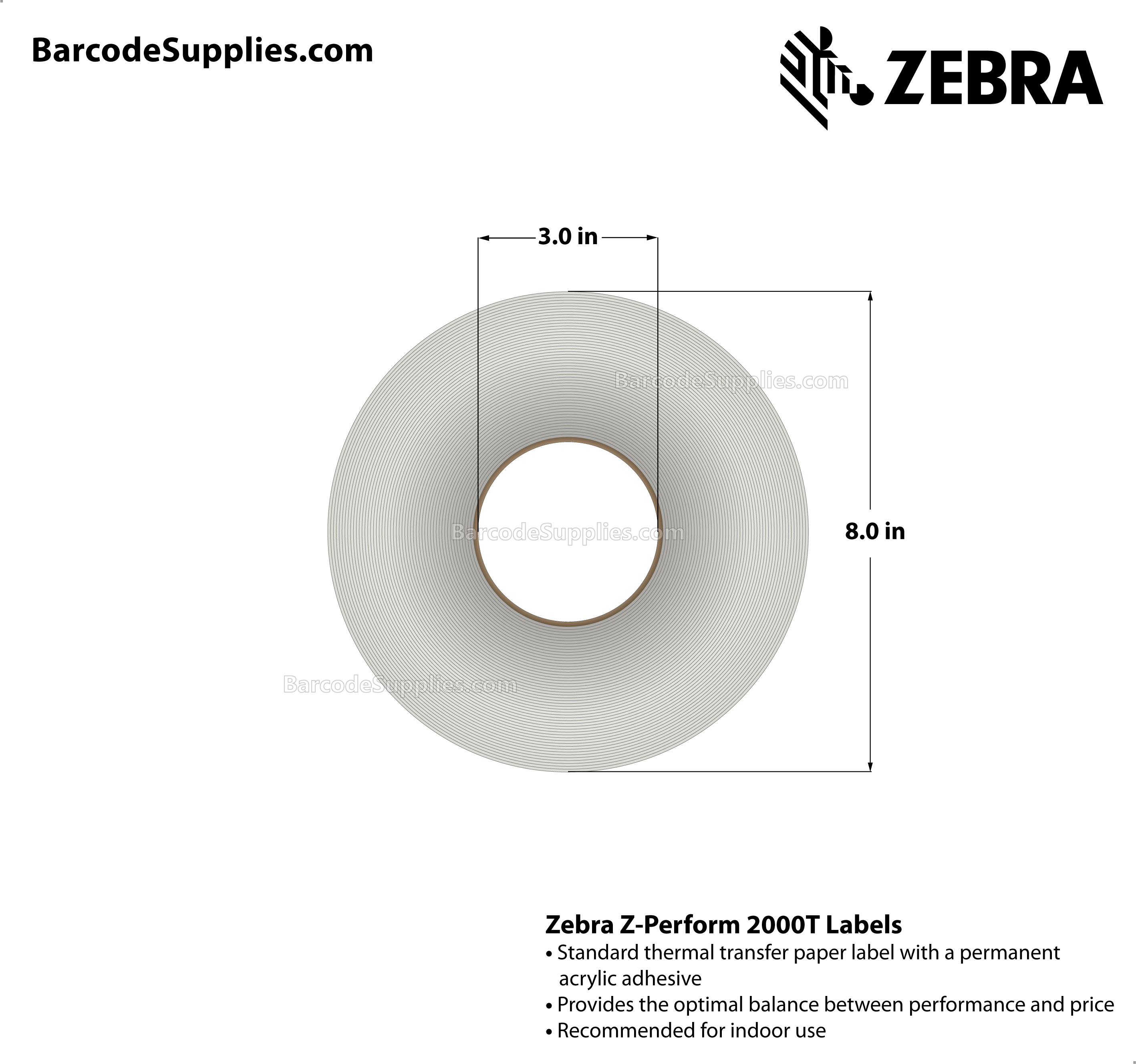 3.25 x 486' Thermal Transfer White Z-Perform 2000T All-Temp Labels With All-Temp Adhesive - Continuous - Labels Per Roll - Carton Of 6 Rolls - 0 Labels Total - MPN: 72372