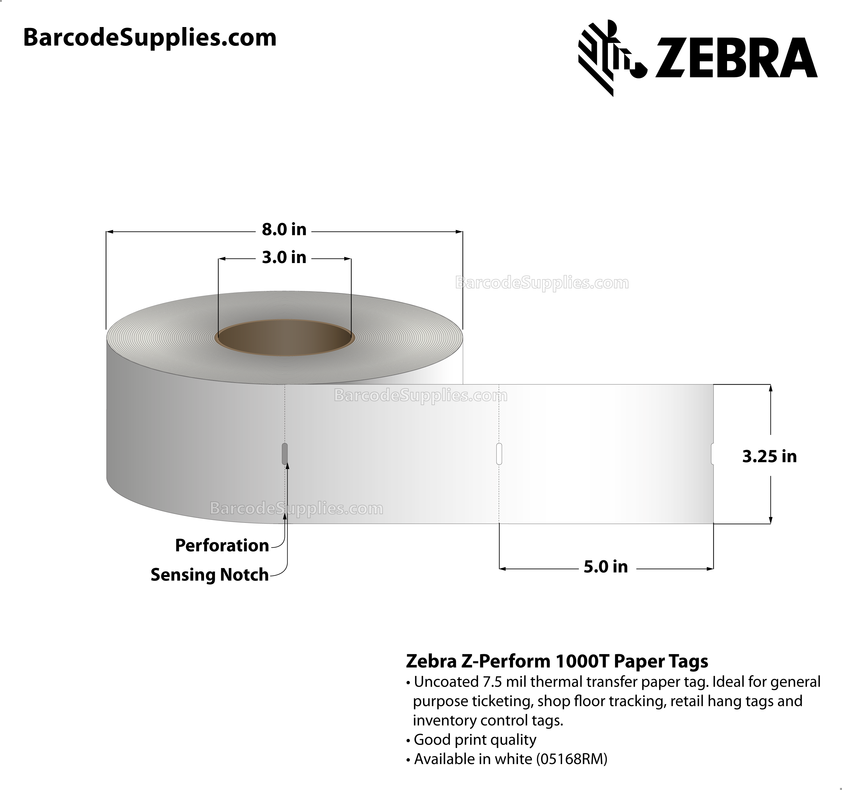 3.25 x 5 Thermal Transfer White Z-Perform 1000T 7.5 mil Tag Tags With No Adhesive - Contains side sensing notch - Perforated - 1030 Tags Per Roll - Carton Of 6 Rolls - 6180 Tags Total - MPN: 65156