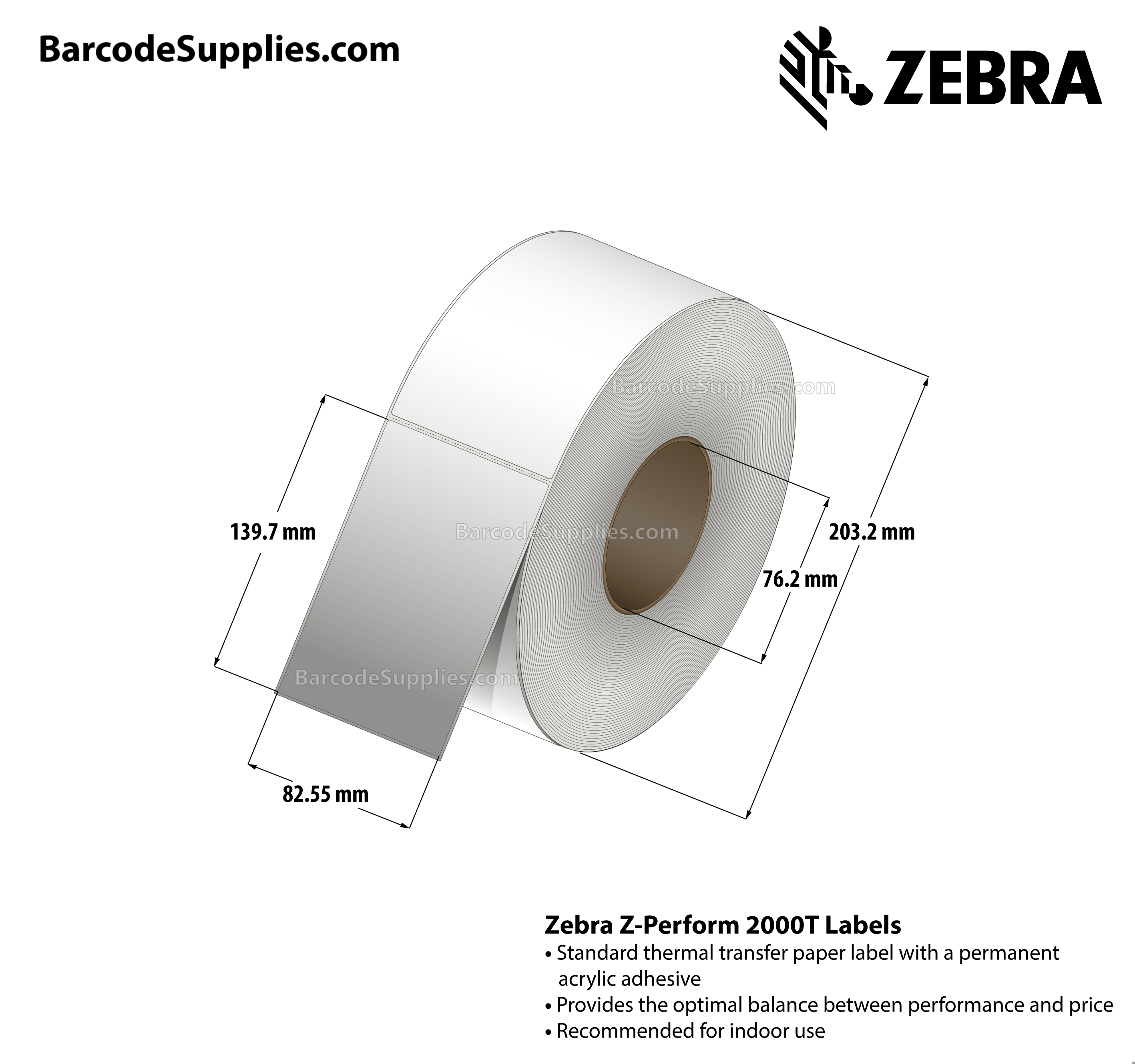 3.25 x 5.5 Thermal Transfer White Z-Perform 2000T All-Temp Labels With All-Temp Adhesive - Not Perforated - 1040 Labels Per Roll - Carton Of 6 Rolls - 6240 Labels Total - MPN: 72371