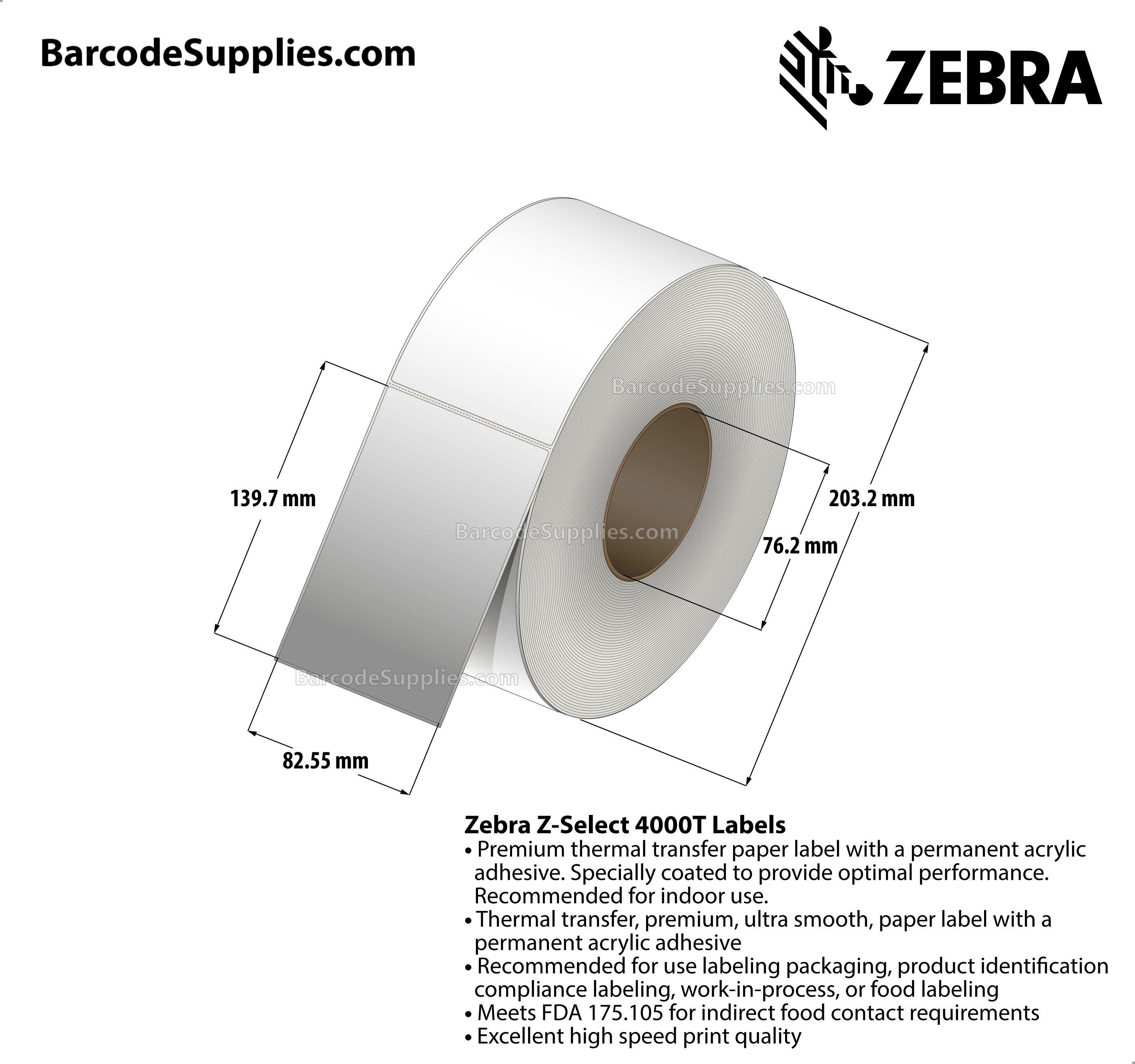 3.25 x 5.5 Thermal Transfer White Z-Select 4000T Labels With Permanent Adhesive - Not Perforated - 1040 Labels Per Roll - Carton Of 6 Rolls - 6240 Labels Total - MPN: 72286