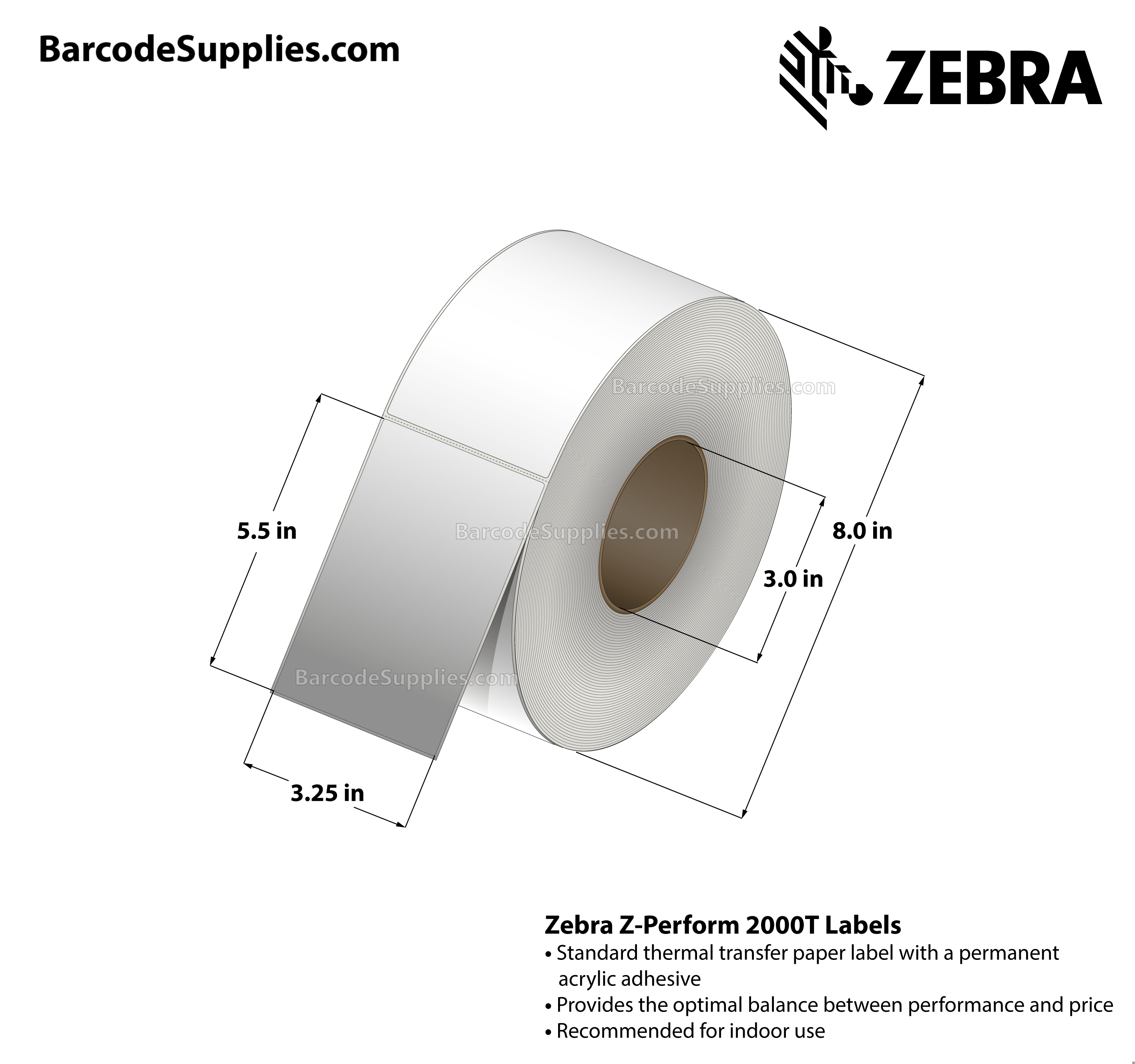 3.25 x 5.5 Thermal Transfer White Z-Perform 2000T All-Temp Labels With All-Temp Adhesive - Not Perforated - 1040 Labels Per Roll - Carton Of 6 Rolls - 6240 Labels Total - MPN: 72371