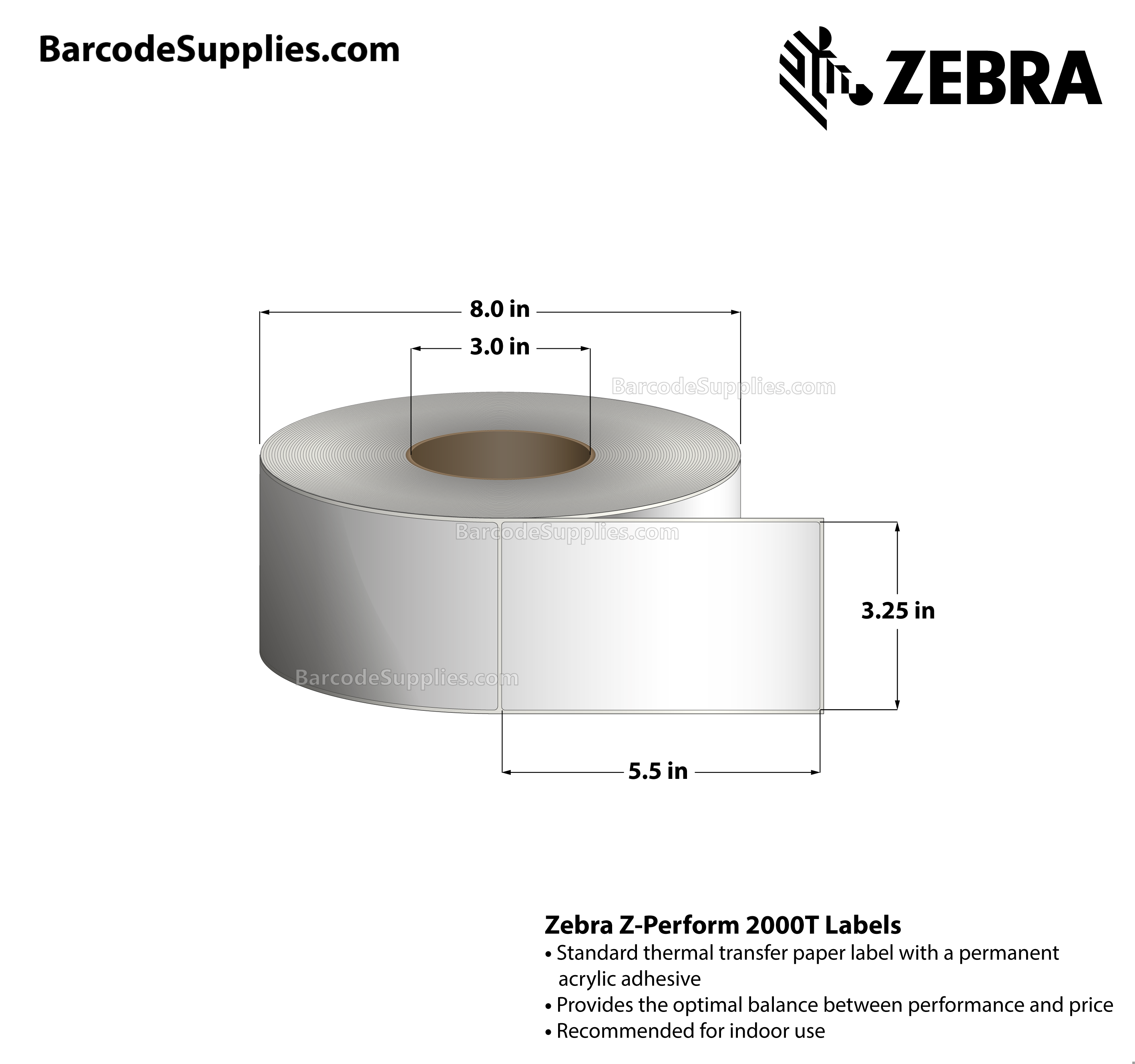 3.25 x 5.5 Thermal Transfer White Z-Perform 2000T All-Temp Labels With All-Temp Adhesive - Not Perforated - 1040 Labels Per Roll - Carton Of 6 Rolls - 6240 Labels Total - MPN: 72371