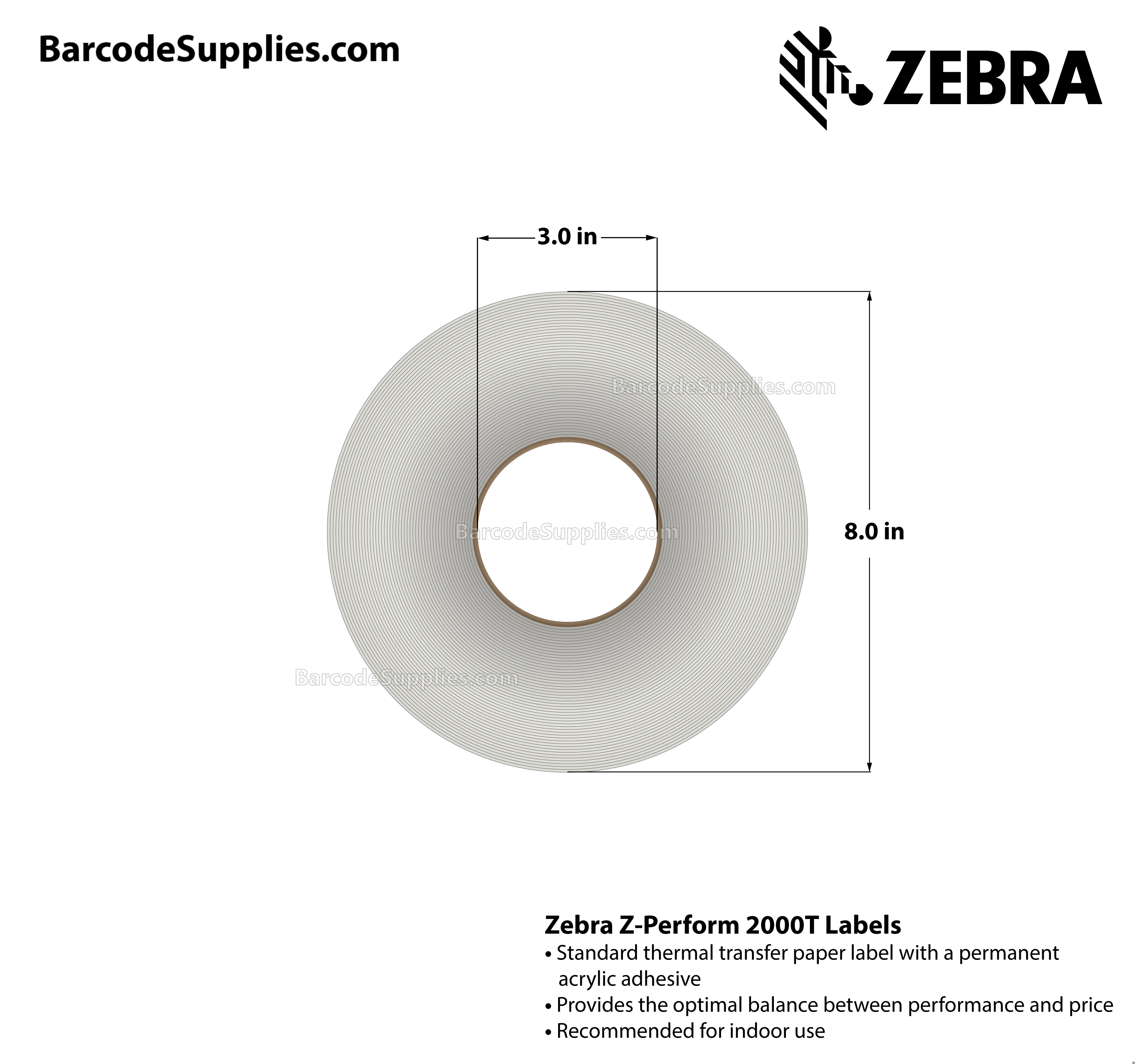 3.25 x 5.5 Thermal Transfer White Z-Perform 2000T All-Temp Labels With All-Temp Adhesive - Not Perforated - 1040 Labels Per Roll - Carton Of 6 Rolls - 6240 Labels Total - MPN: 72371