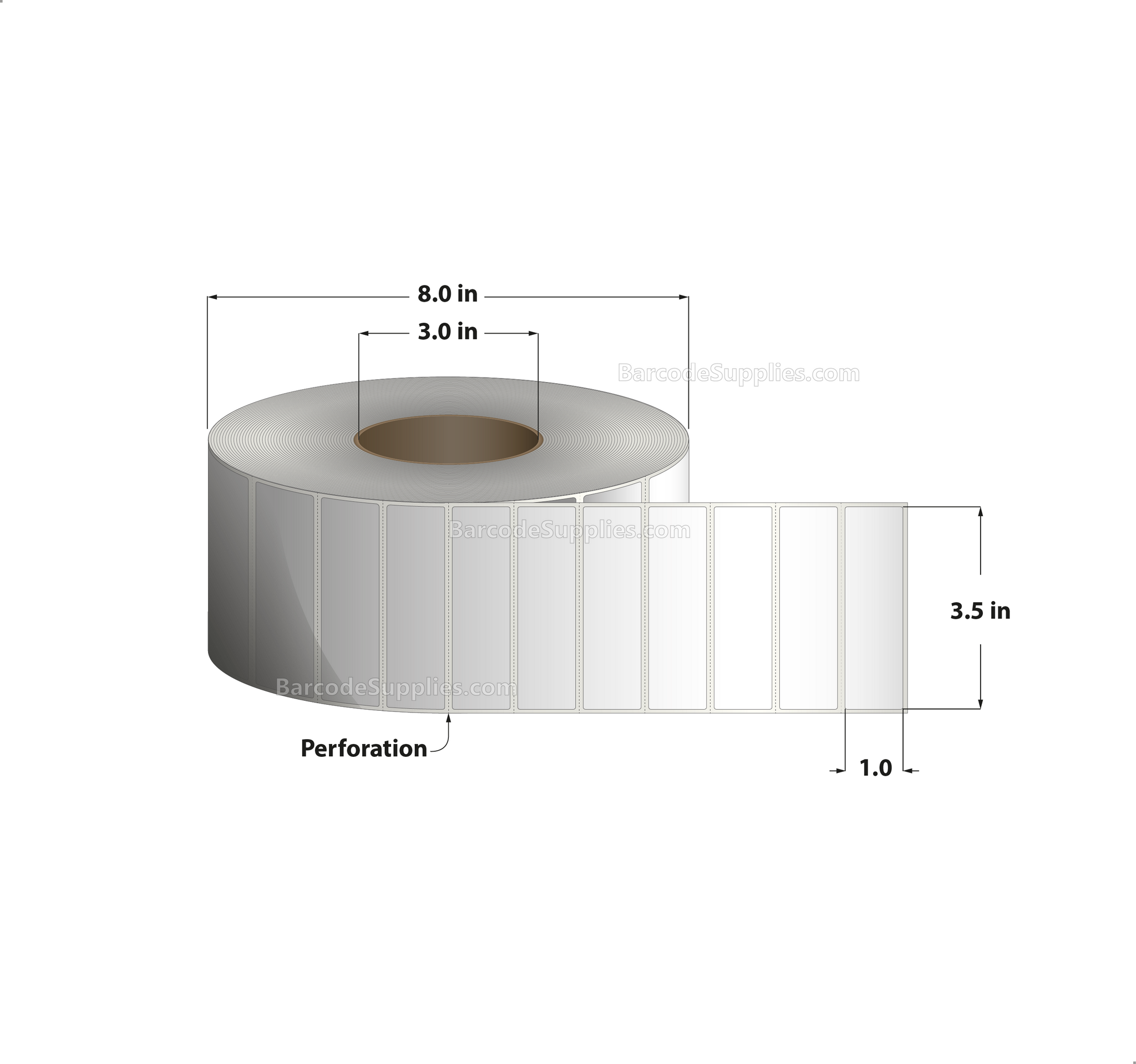 3.5 x 1 Direct Thermal White Labels With Acrylic Adhesive - Perforated - 5500 Labels Per Roll - Carton Of 4 Rolls - 22000 Labels Total - MPN: RD-35-1-5500-3 - BarcodeSource, Inc.