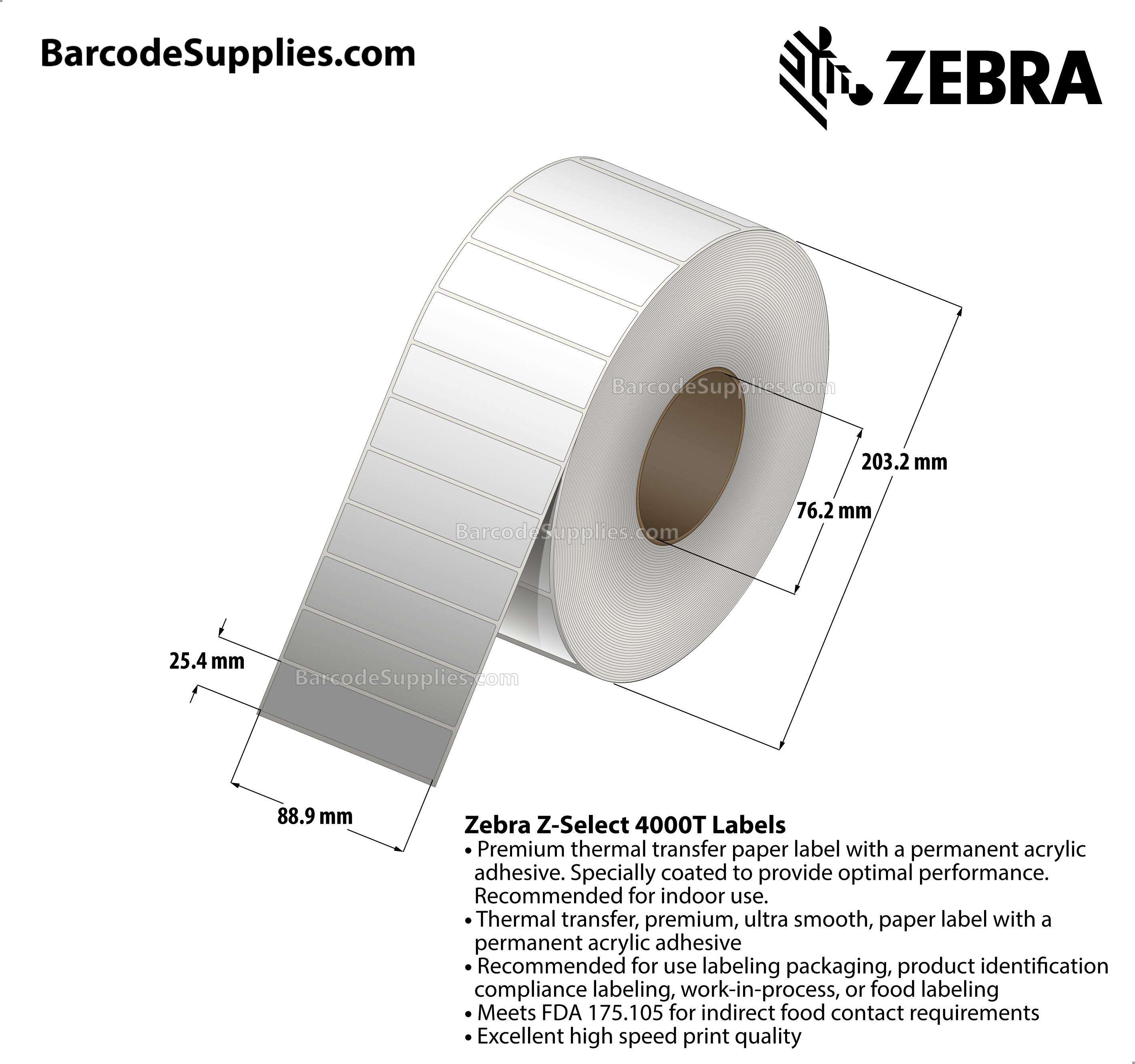 3.5 x 1 Thermal Transfer White Z-Select 4000T Labels With Permanent Adhesive - Not Perforated - 5180 Labels Per Roll - Carton Of 6 Rolls - 31080 Labels Total - MPN: 72288