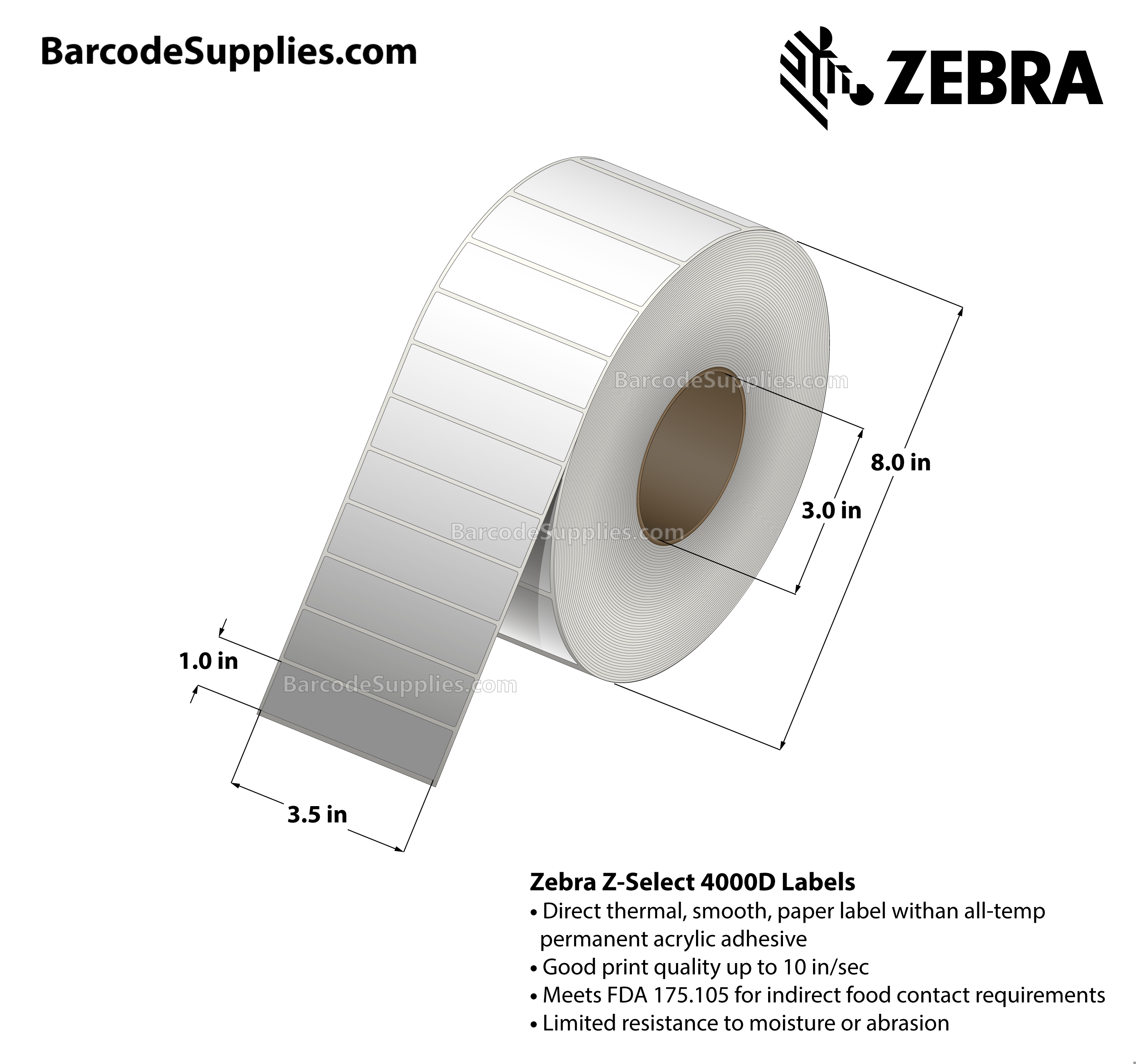 3.5 x 1 Direct Thermal White Z-Select 4000D Labels With All-Temp Adhesive - Not Perforated - 5120 Labels Per Roll - Carton Of 6 Rolls - 30720 Labels Total - MPN: 75856